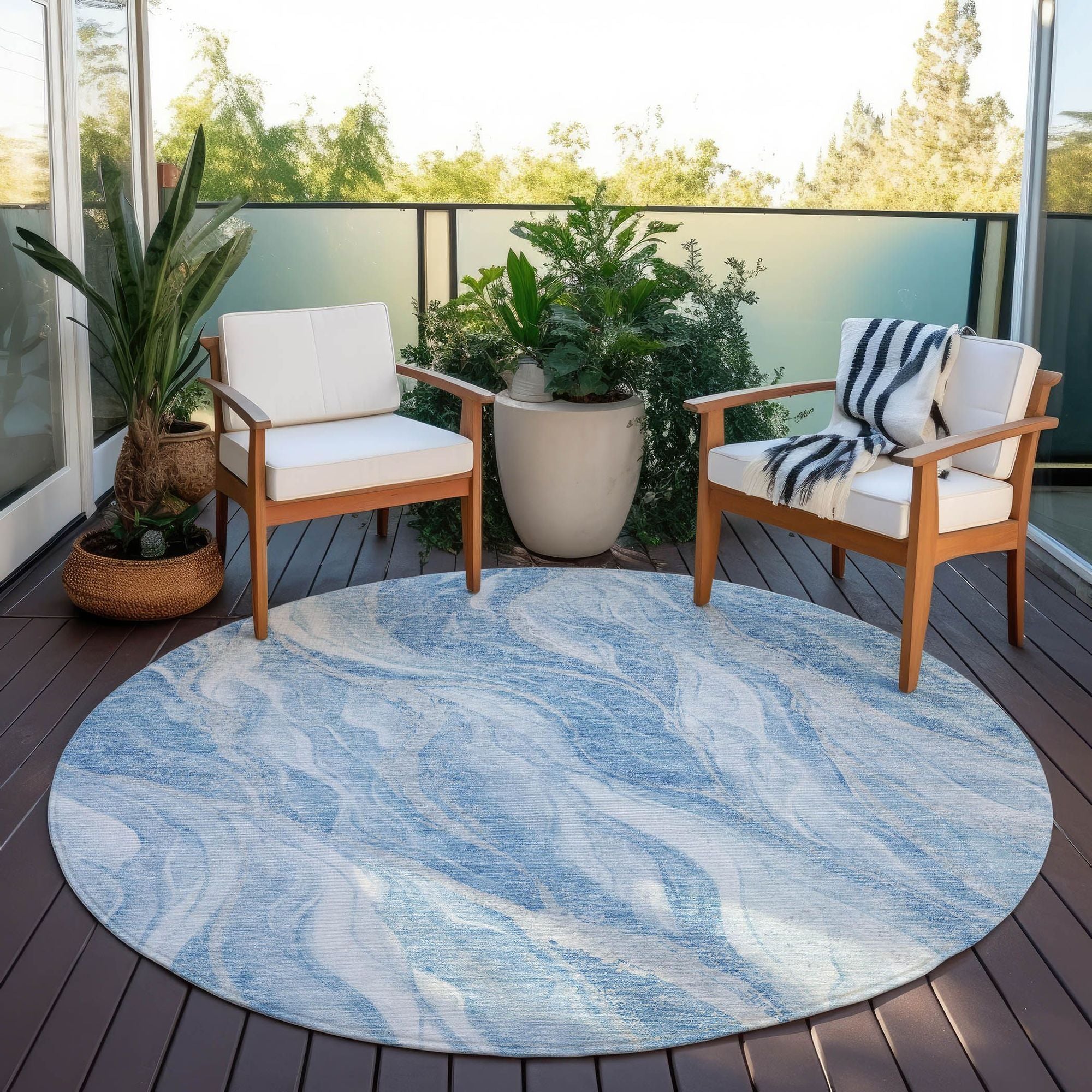 Machine Washable Blue Rug - Indoor / Outdoor - Kids / Pet Friendly Waves Print Rug