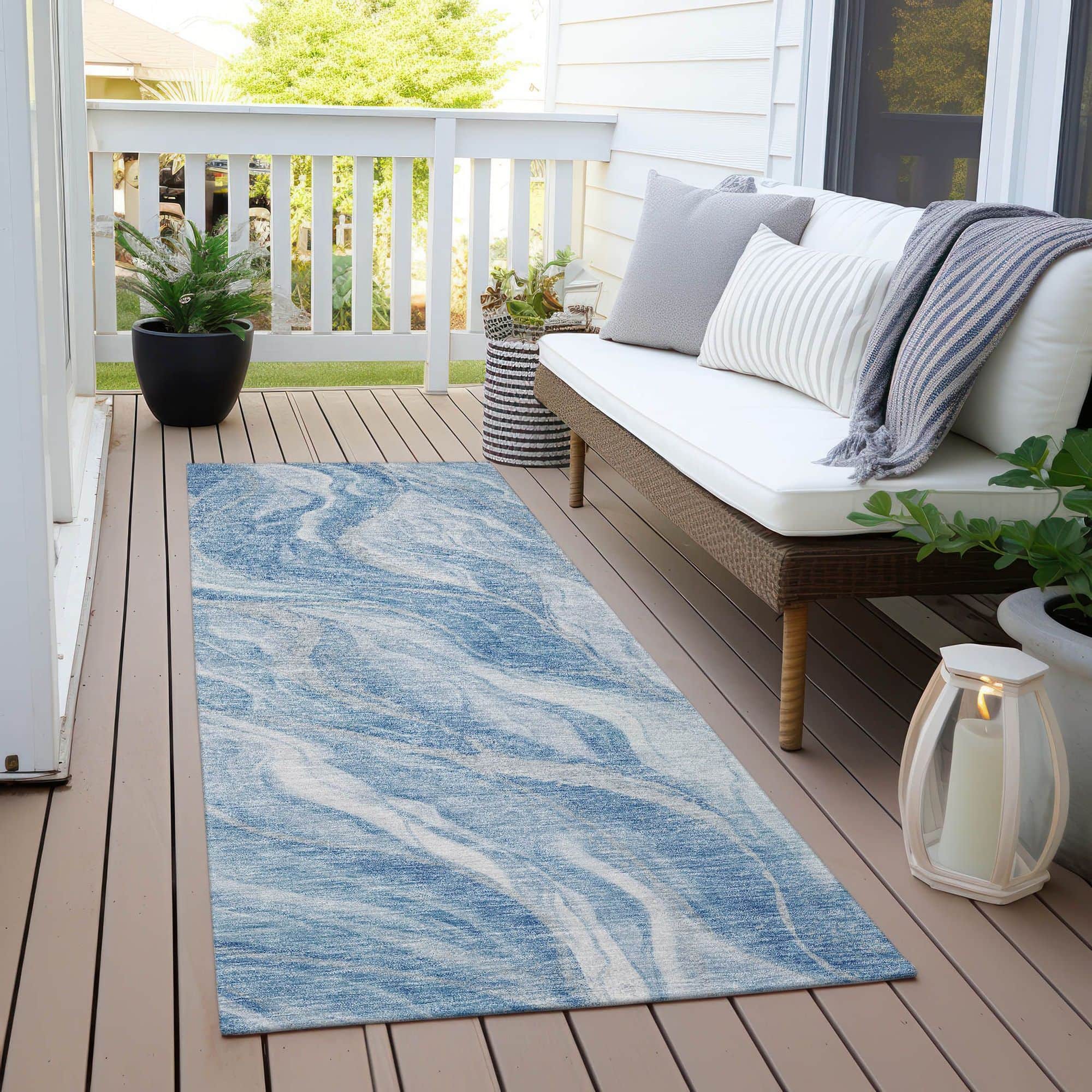 Machine Washable Blue Rug - Indoor / Outdoor - Kids / Pet Friendly Waves Print Rug