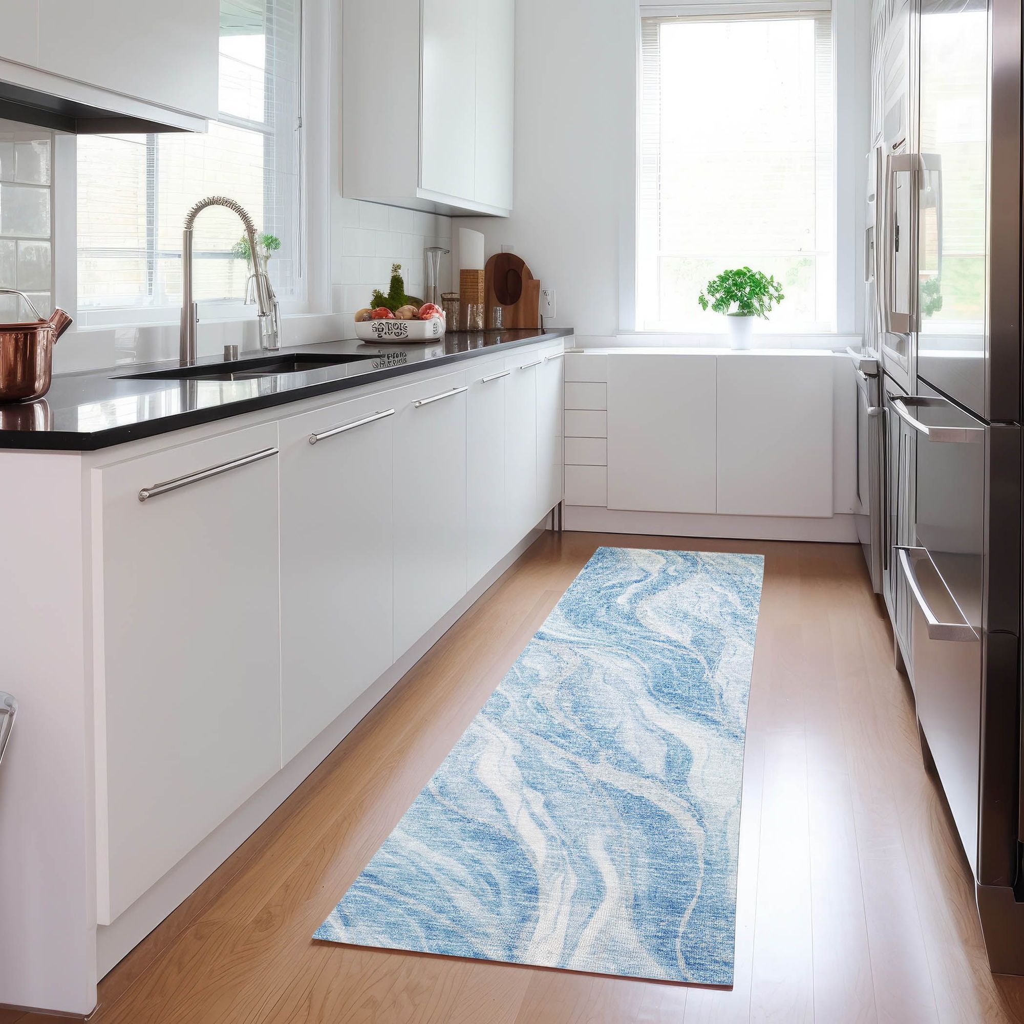 Machine Washable Blue Rug - Indoor / Outdoor - Kids / Pet Friendly Waves Print Rug