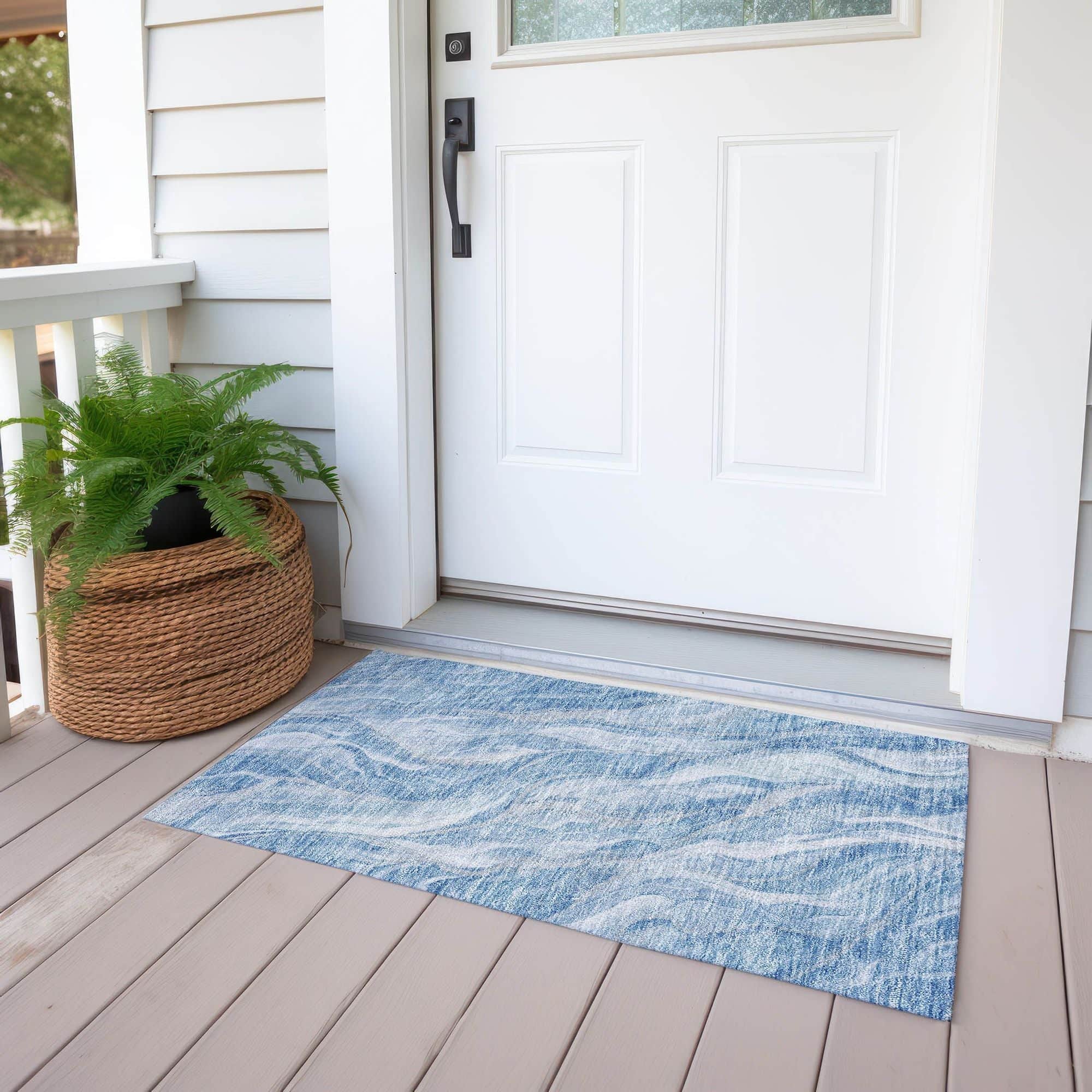 Machine Washable Blue Rug - Indoor / Outdoor - Kids / Pet Friendly Waves Print Rug