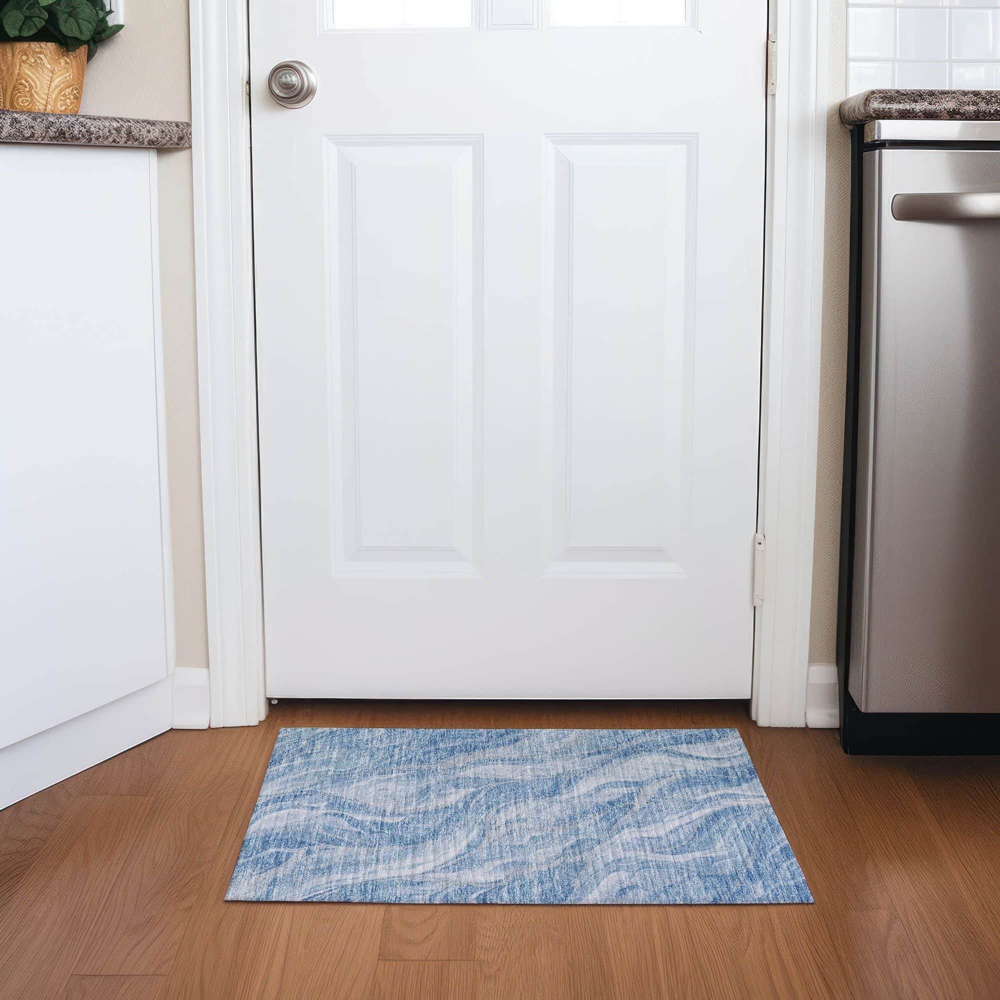 Machine Washable Blue Rug - Indoor / Outdoor - Kids / Pet Friendly Waves Print Rug