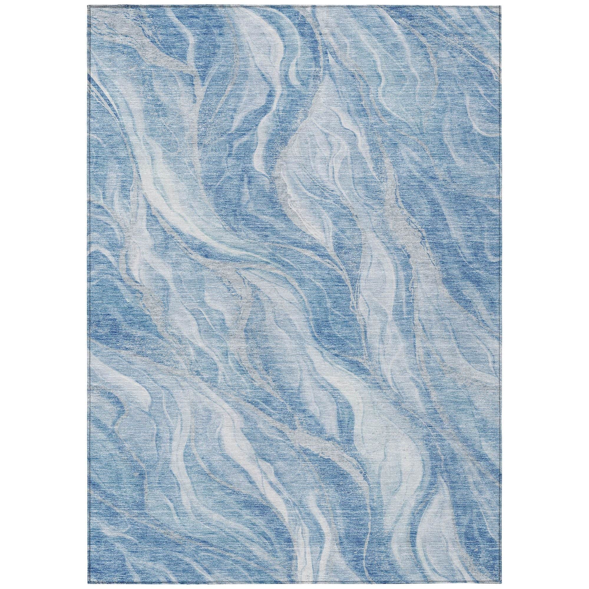 Machine Washable Blue Rug - Indoor / Outdoor - Kids / Pet Friendly Waves Print Rug