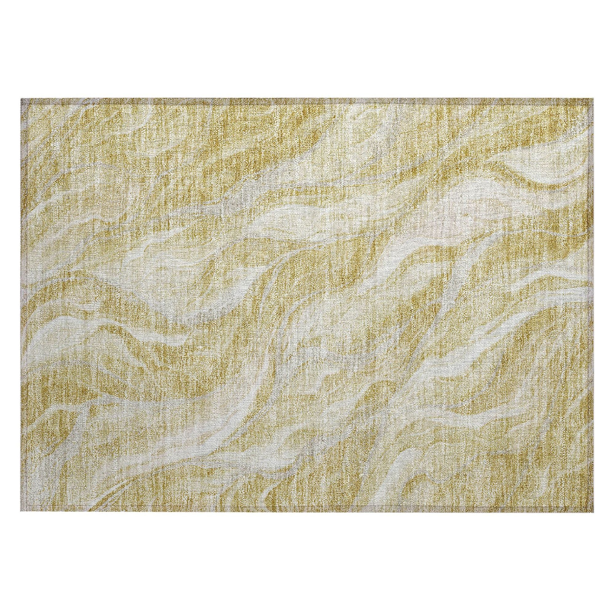 Machine Washable Gold Rug - Indoor / Outdoor - Kids / Pet Friendly Waves Print Rug