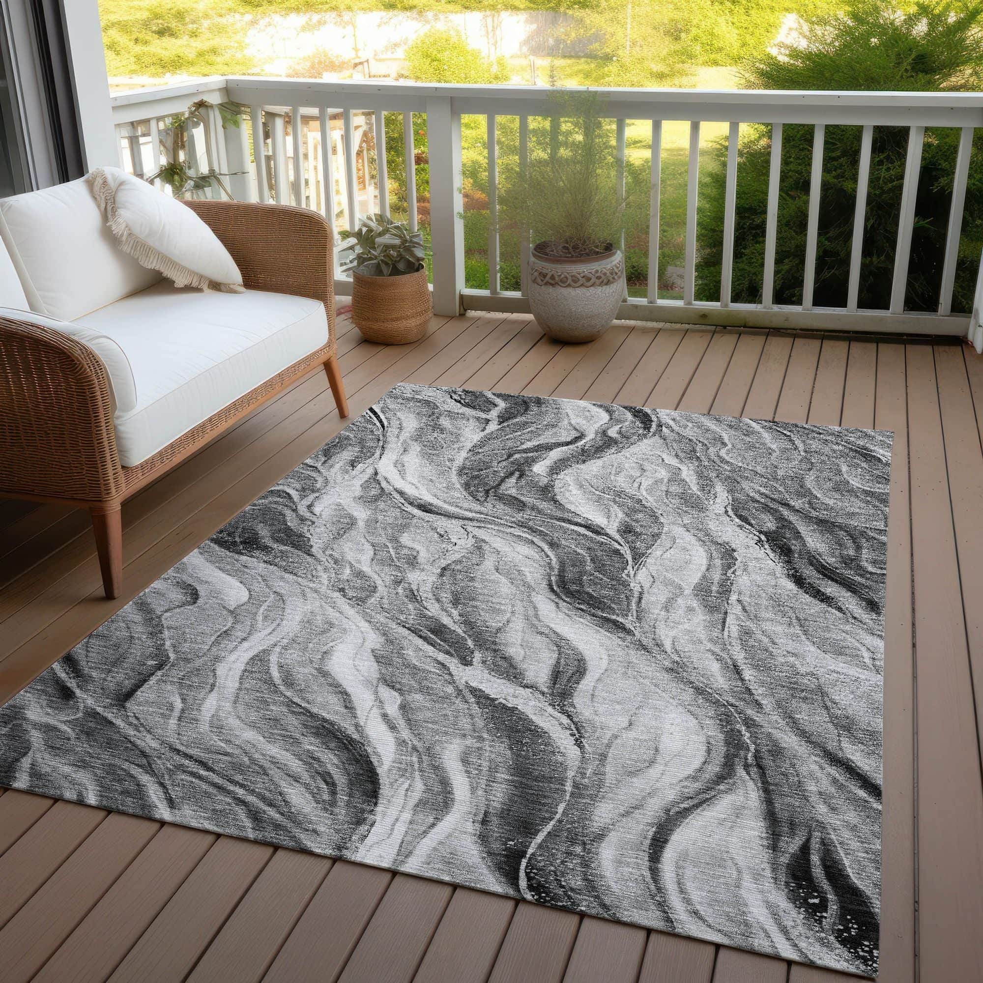 Machine Washable Gray Rug - Indoor / Outdoor - Kids / Pet Friendly Waves Print Rug