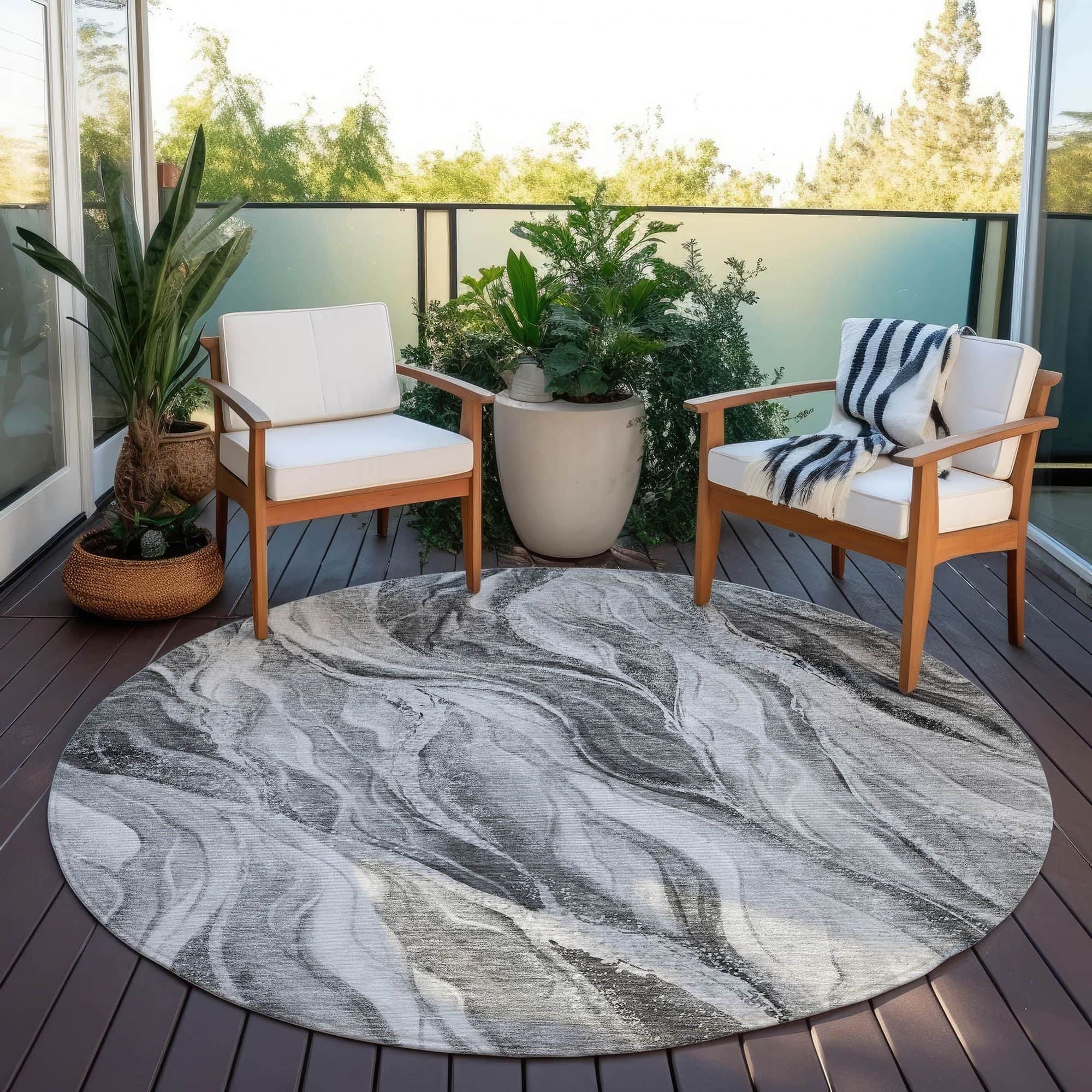 Machine Washable Gray Rug - Indoor / Outdoor - Kids / Pet Friendly Waves Print Rug