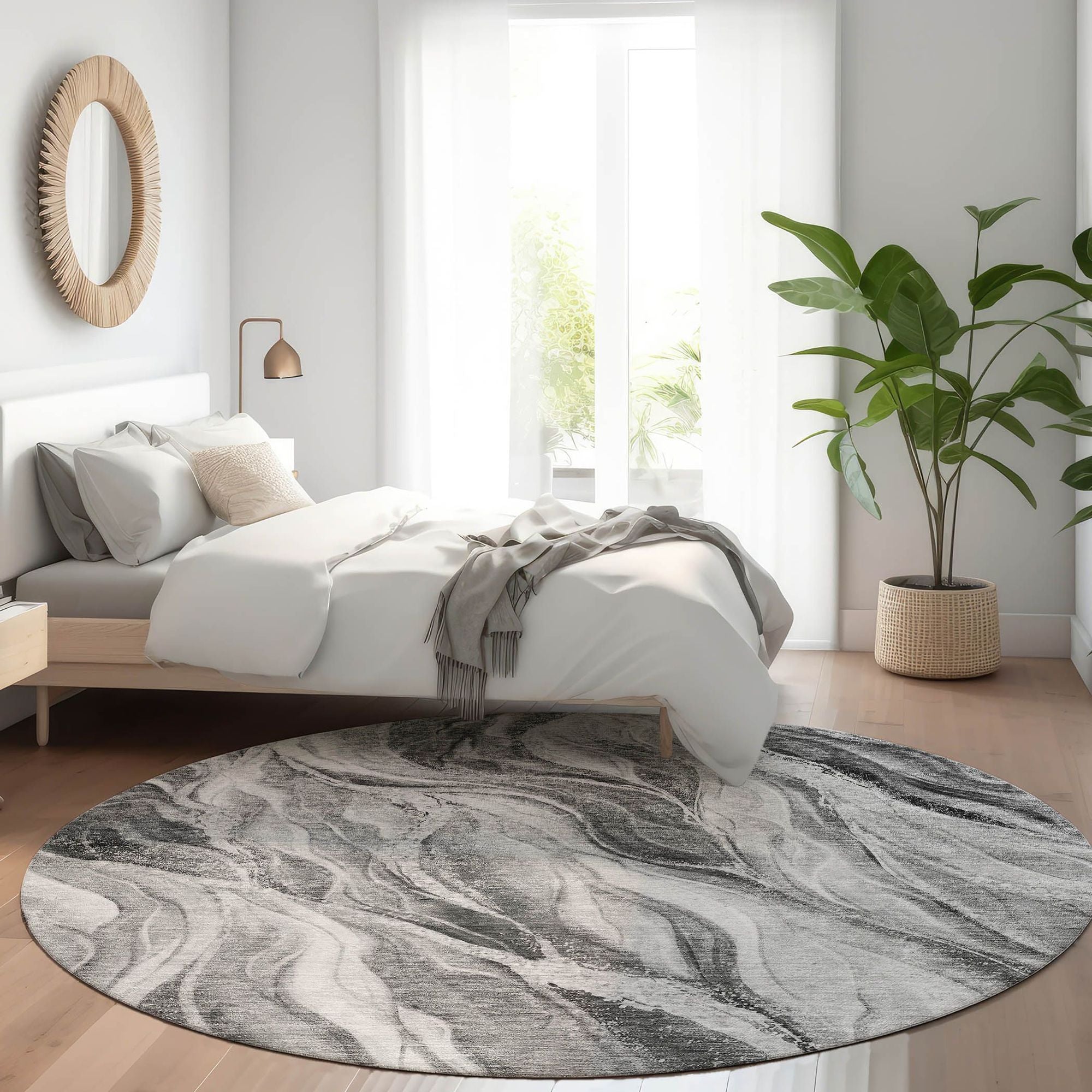 Machine Washable Gray Rug - Indoor / Outdoor - Kids / Pet Friendly Waves Print Rug