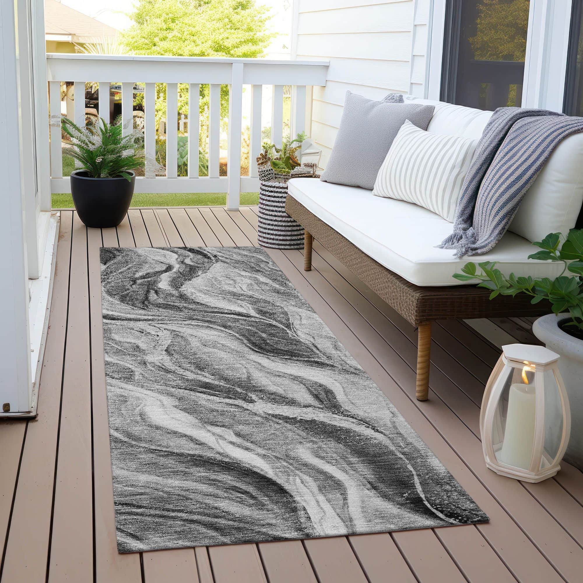 Machine Washable Gray Rug - Indoor / Outdoor - Kids / Pet Friendly Waves Print Rug