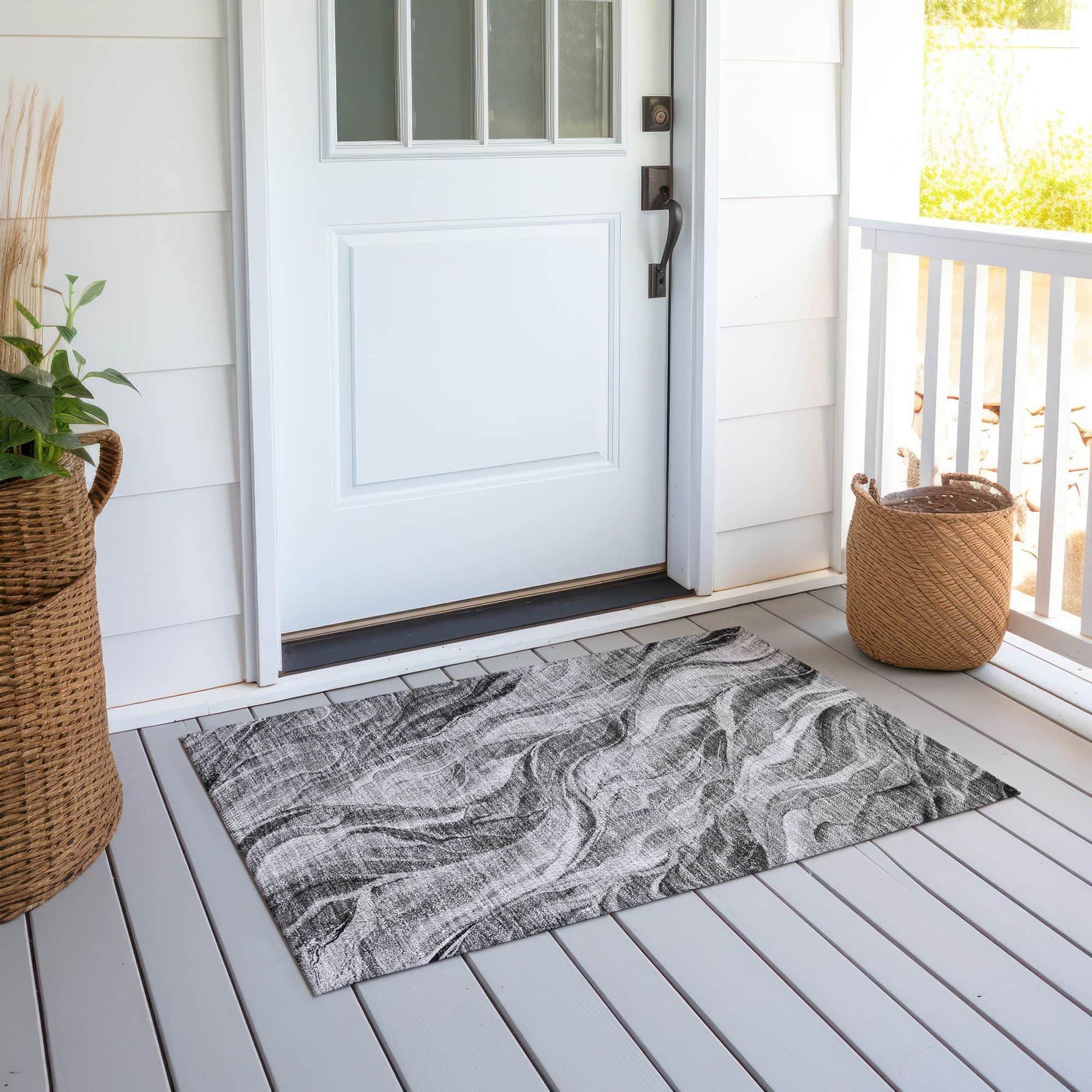 Machine Washable Gray Rug - Indoor / Outdoor - Kids / Pet Friendly Waves Print Rug