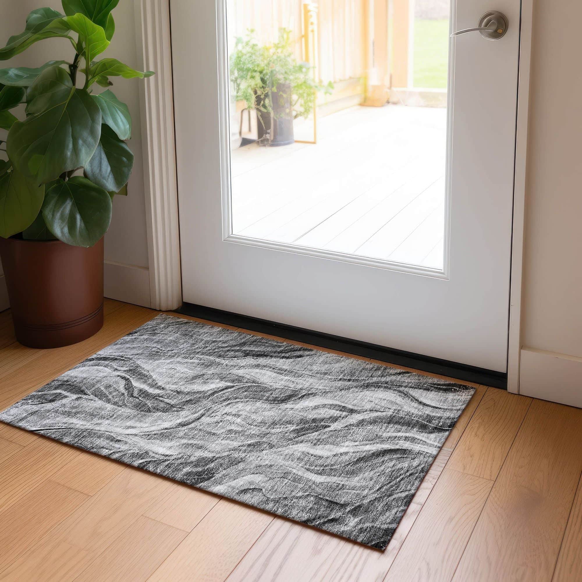 Machine Washable Gray Rug - Indoor / Outdoor - Kids / Pet Friendly Waves Print Rug