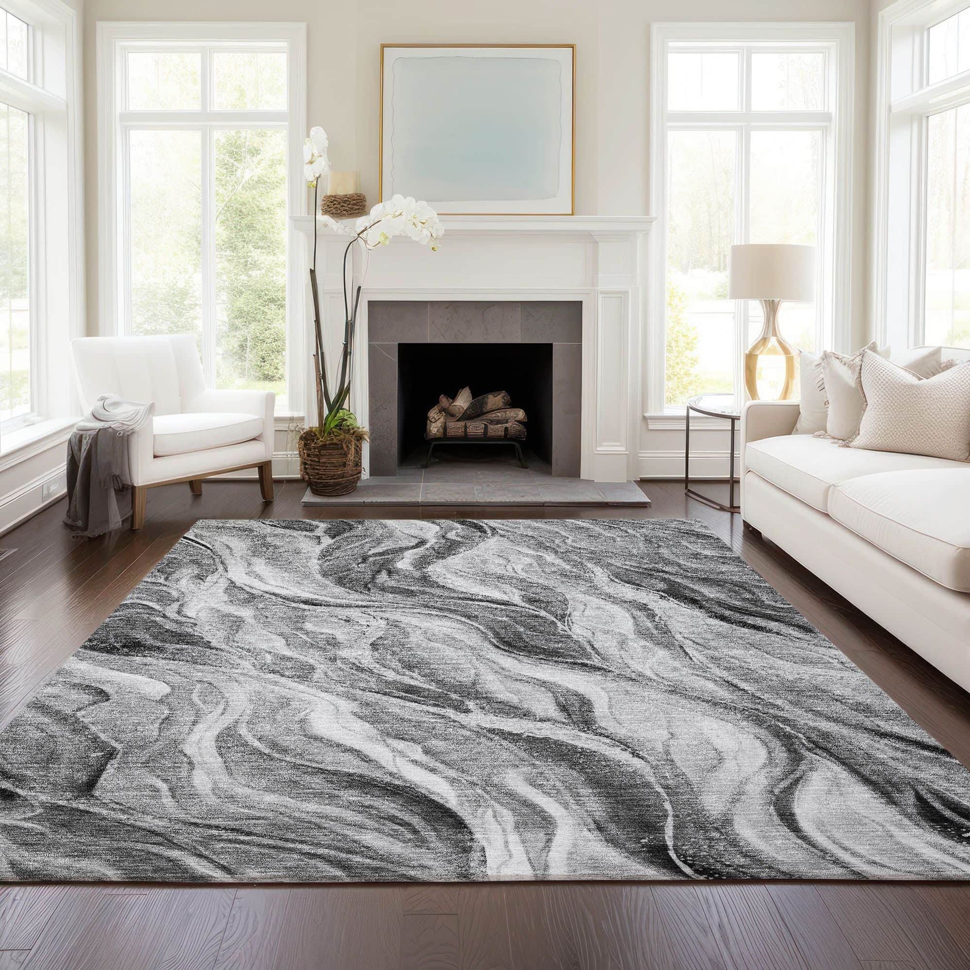 Machine Washable Gray Rug - Indoor / Outdoor - Kids / Pet Friendly Waves Print Rug