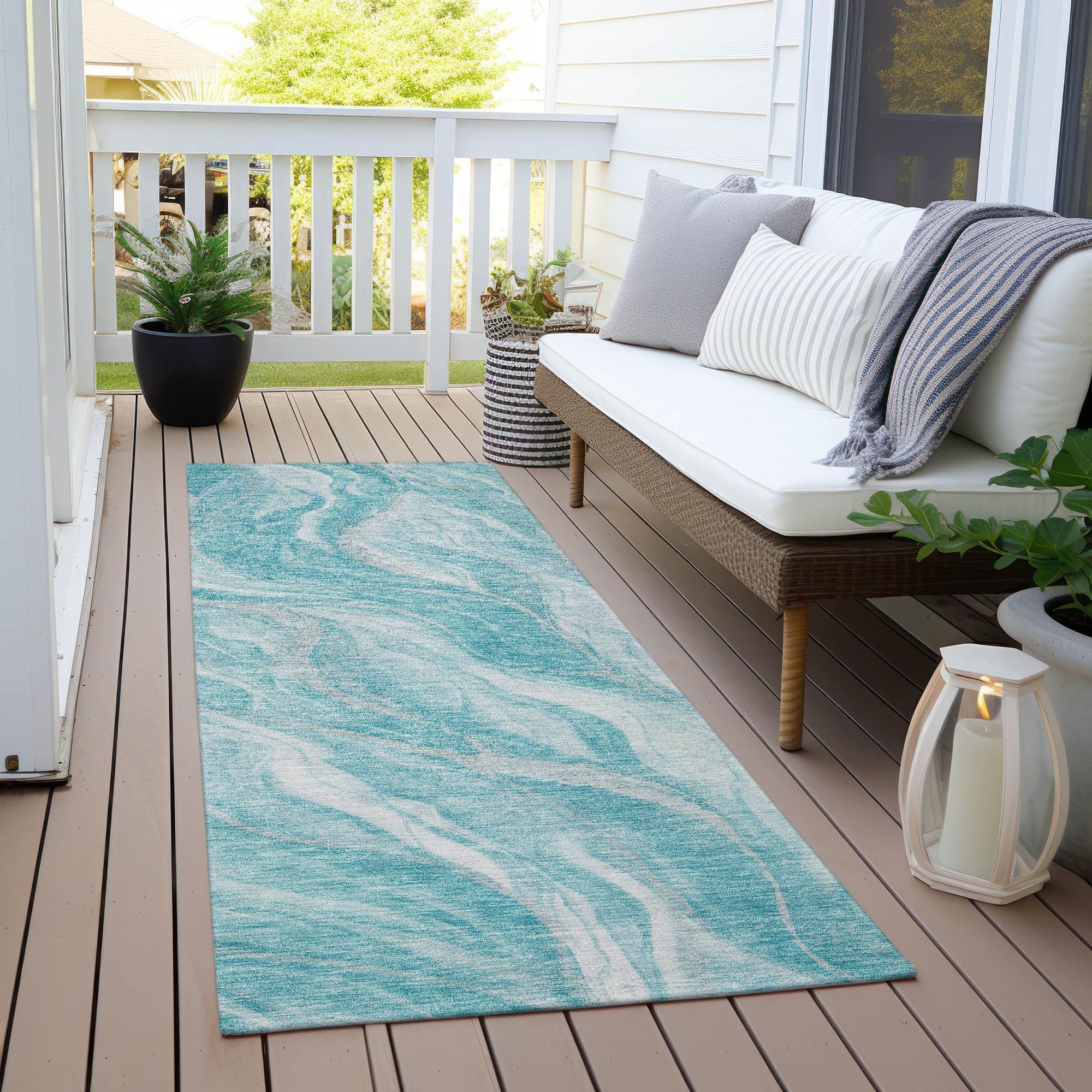Machine Washable Teal Rug - Indoor / Outdoor - Kids / Pet Friendly Waves Print Rug