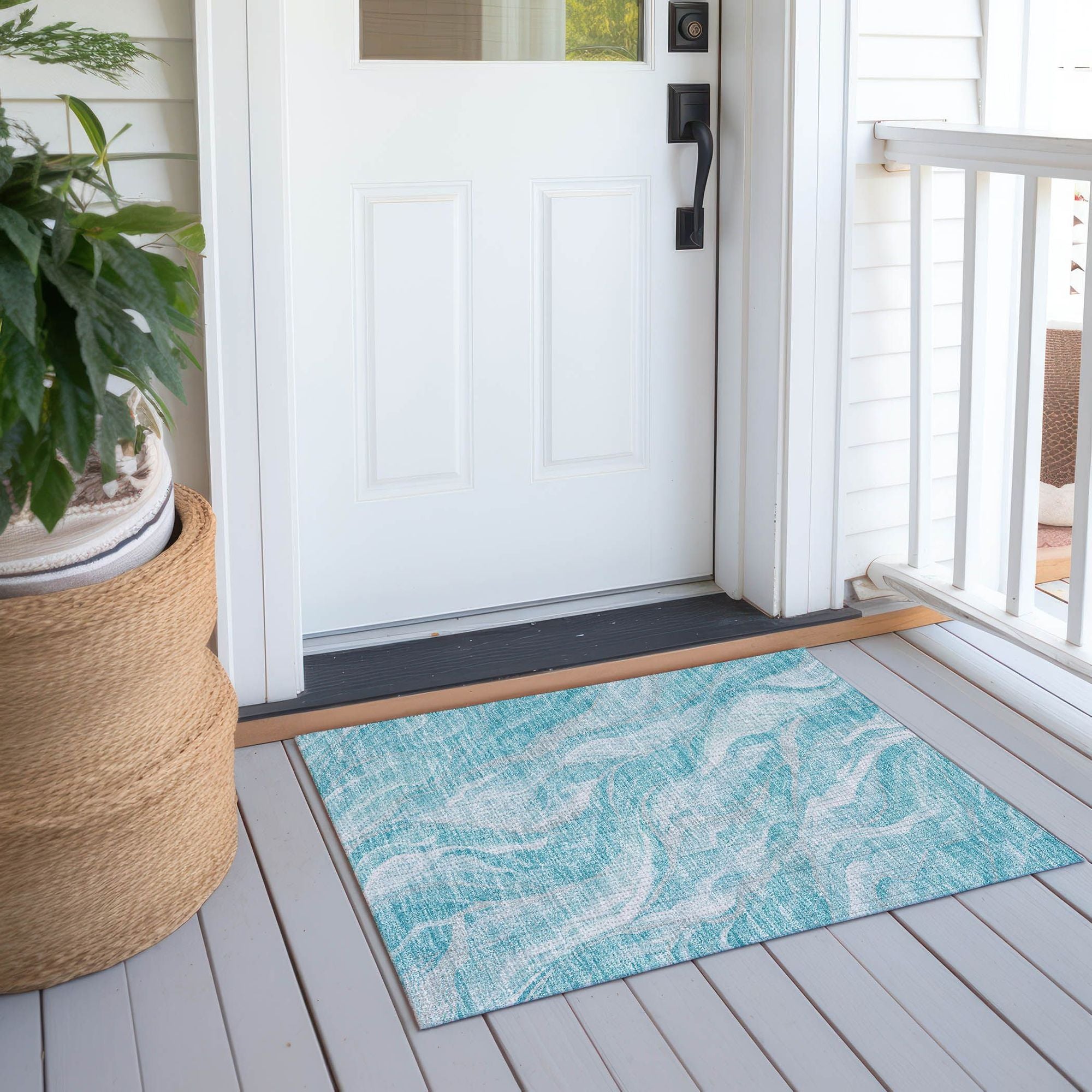 Machine Washable Teal Rug - Indoor / Outdoor - Kids / Pet Friendly Waves Print Rug