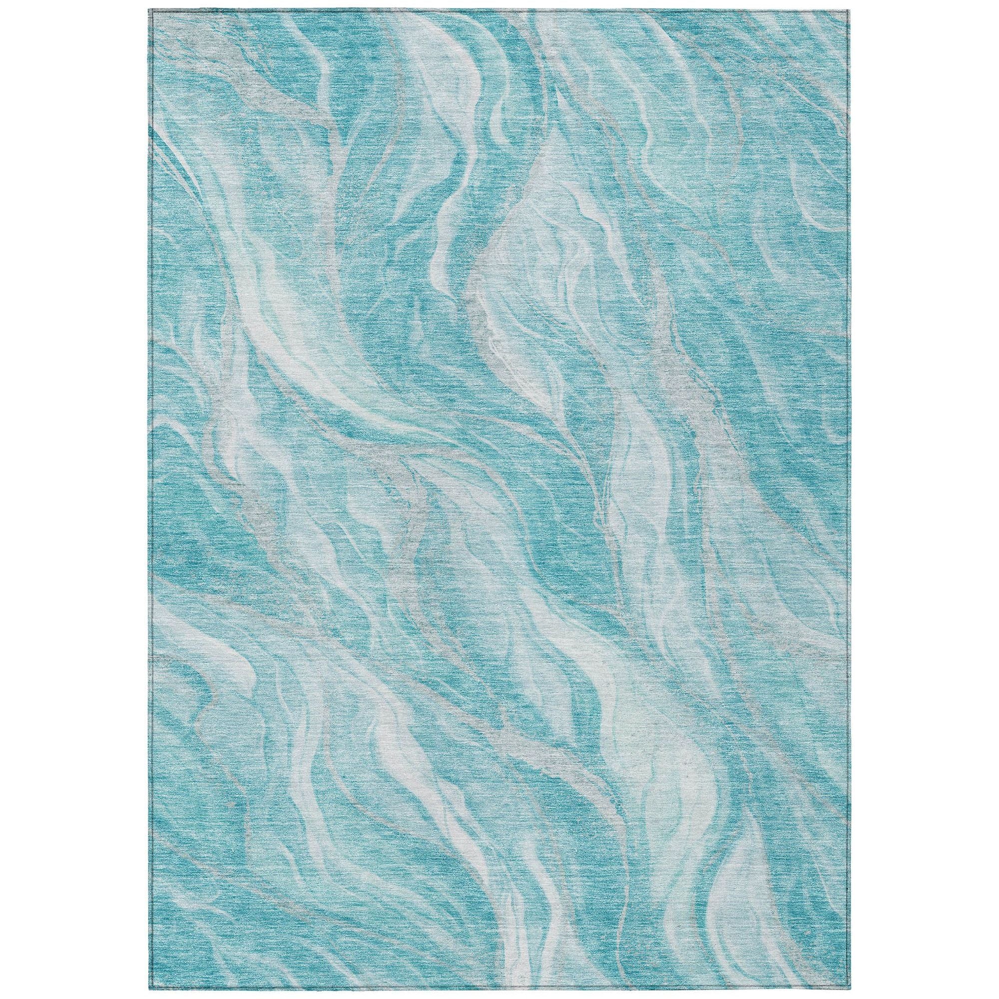Machine Washable Teal Rug - Indoor / Outdoor - Kids / Pet Friendly Waves Print Rug