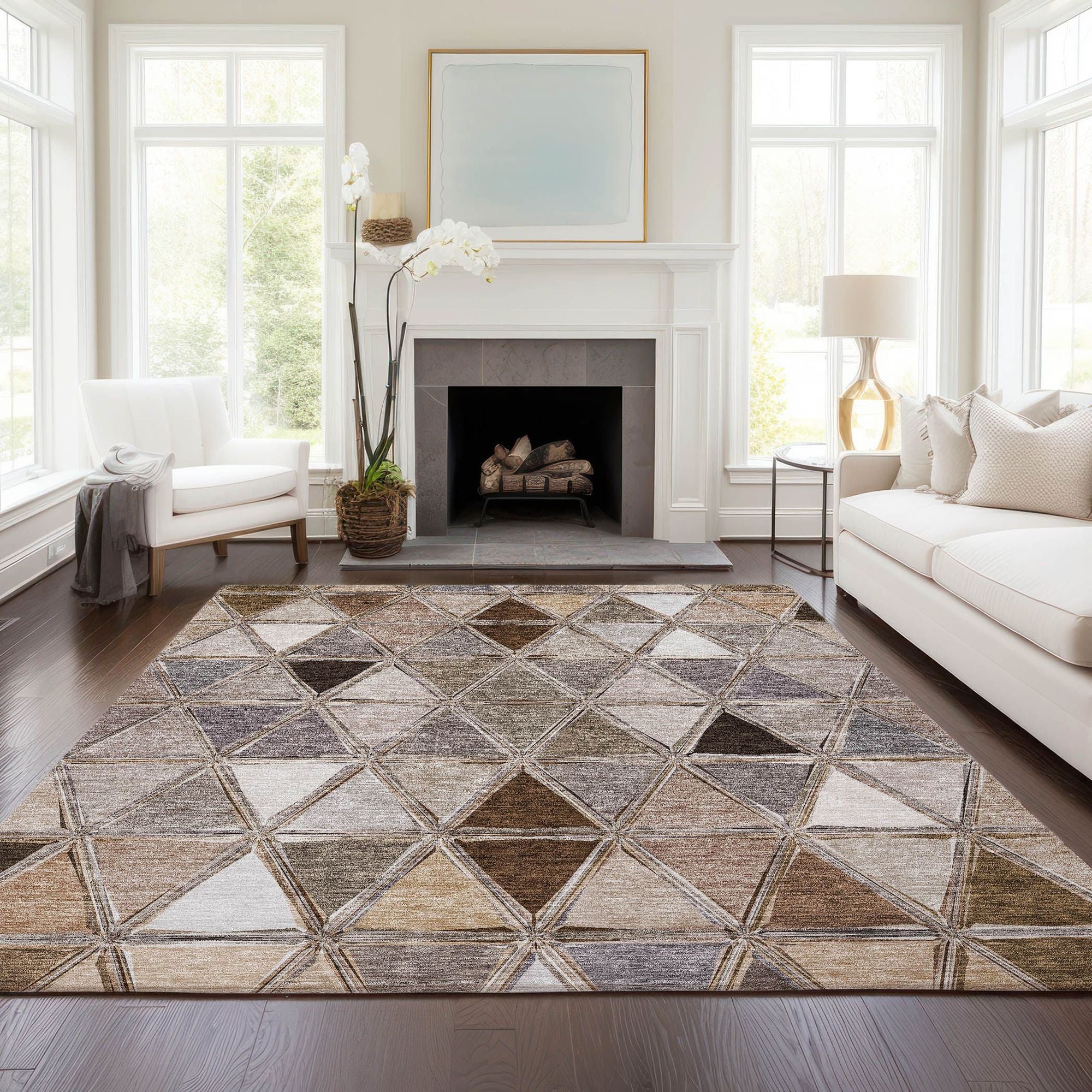 Machine Washable Brown Rug - Indoor / Outdoor - Kids / Pet Friendly Geometric Print Rug