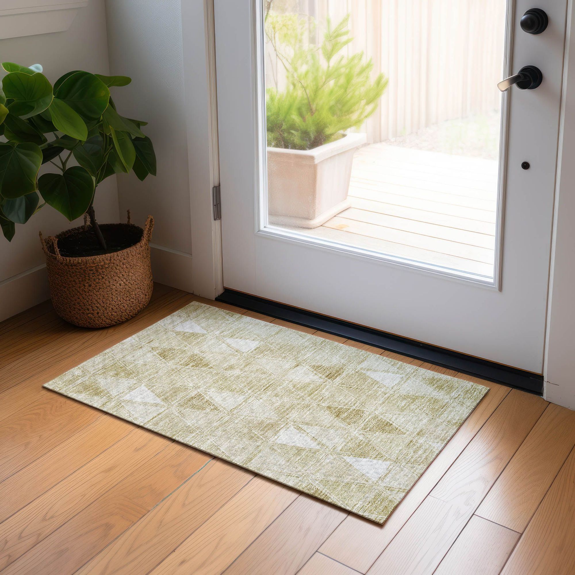 Machine Washable Khaki Brown Rug - Indoor / Outdoor - Kids / Pet Friendly Geometric Print Rug