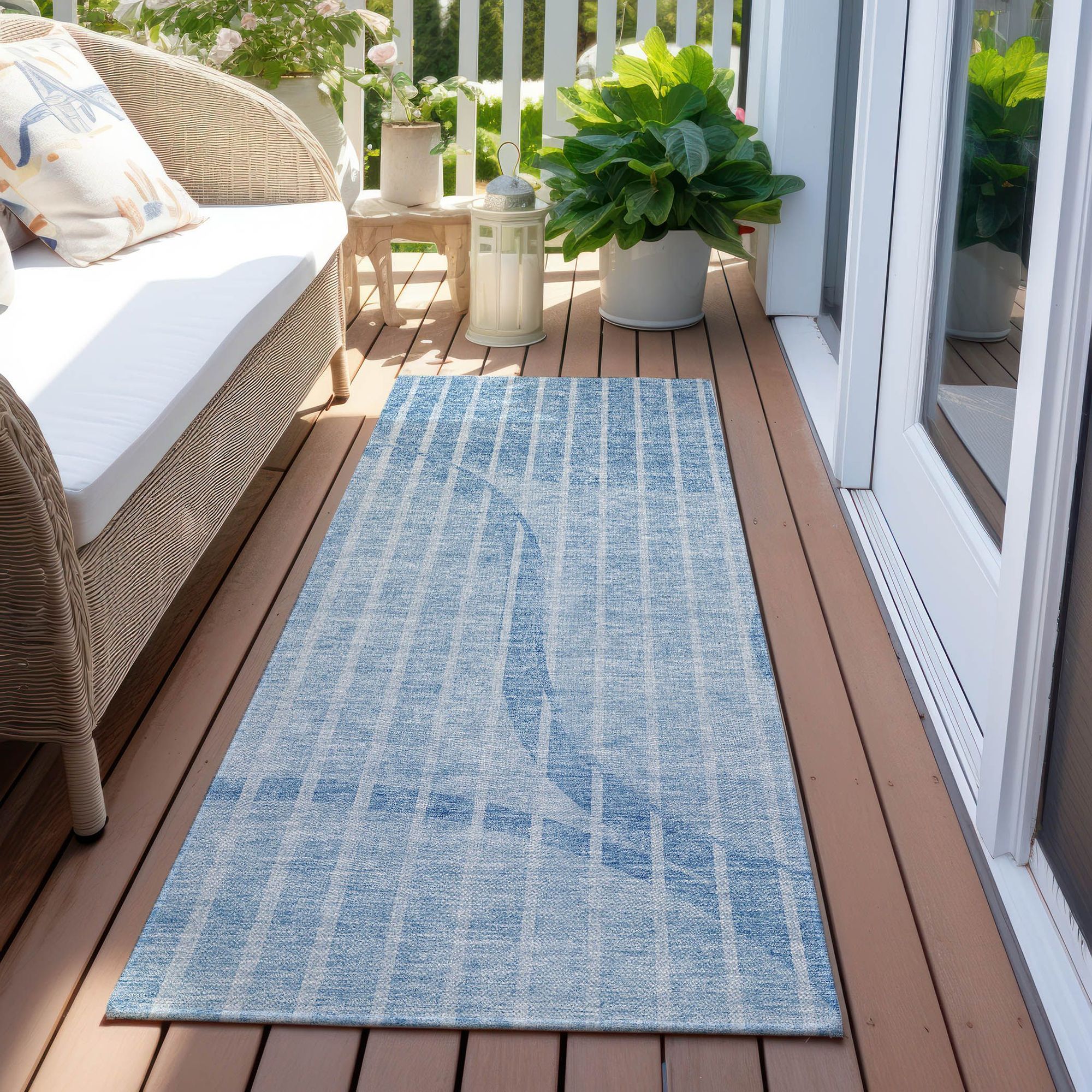 Machine Washable Blue Rug - Indoor / Outdoor - Kids / Pet Friendly Striped Print Rug