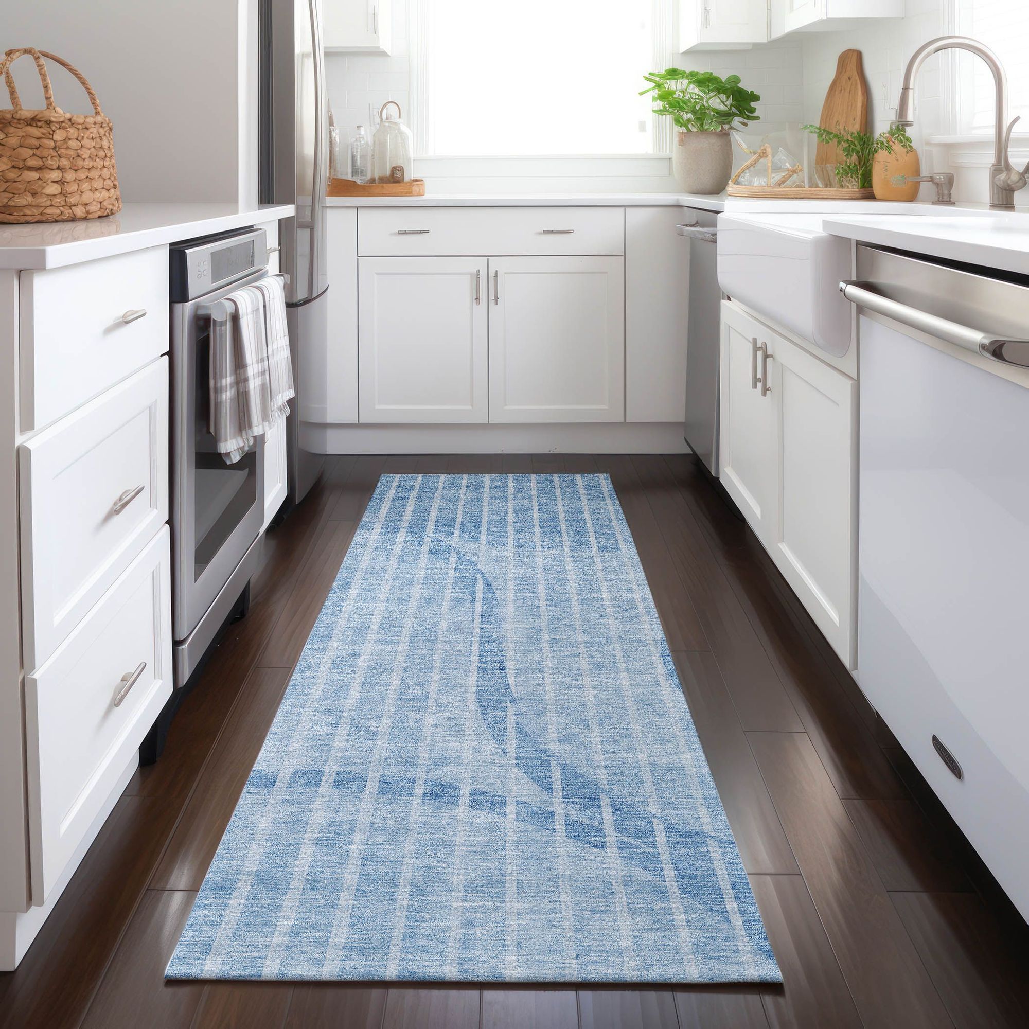 Machine Washable Blue Rug - Indoor / Outdoor - Kids / Pet Friendly Striped Print Rug