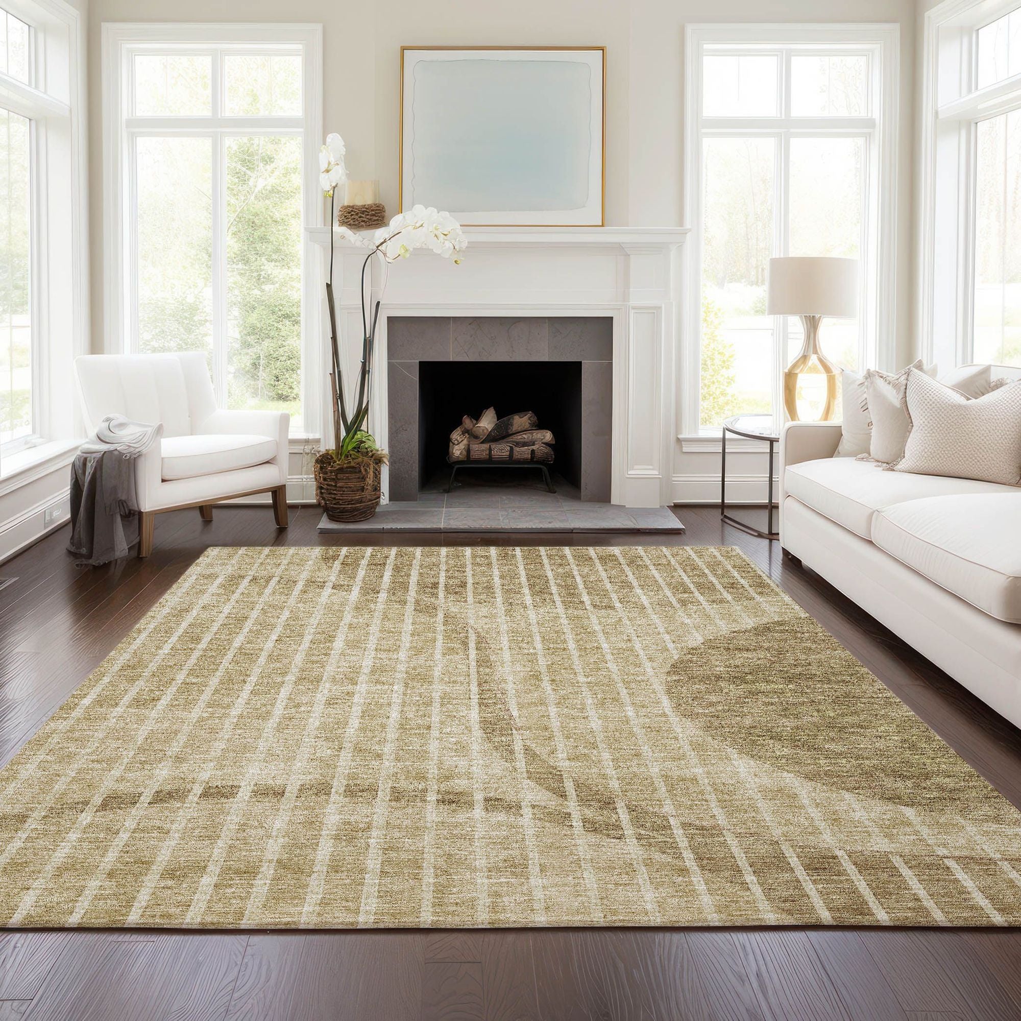 Machine Washable Brown Rug - Indoor / Outdoor - Kids / Pet Friendly Striped Print Rug