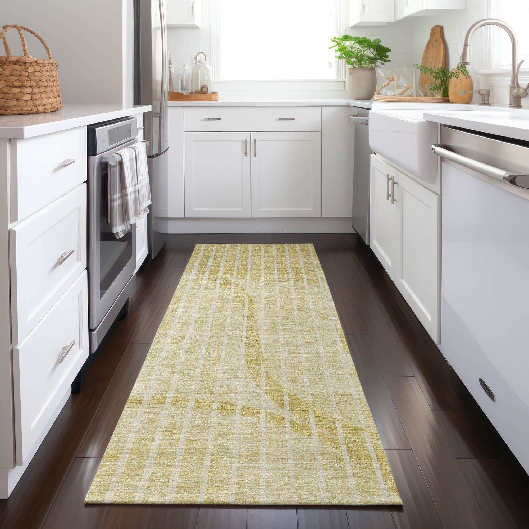 Machine Washable Gold Rug - Indoor / Outdoor - Kids / Pet Friendly Striped Print Rug