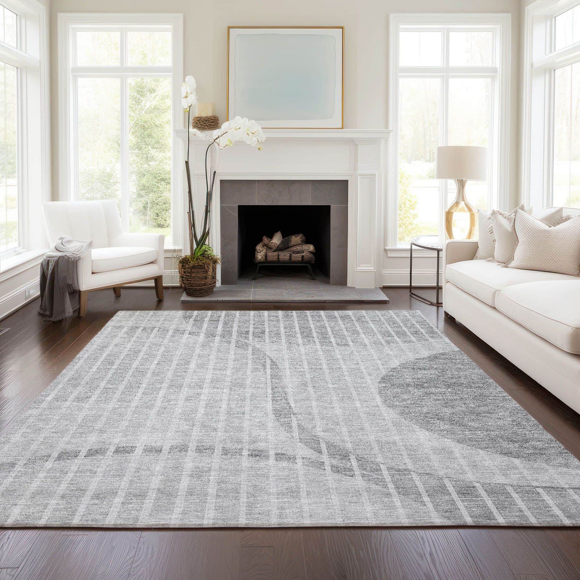 Machine Washable Gray Rug - Indoor / Outdoor - Kids / Pet Friendly Striped Print Rug