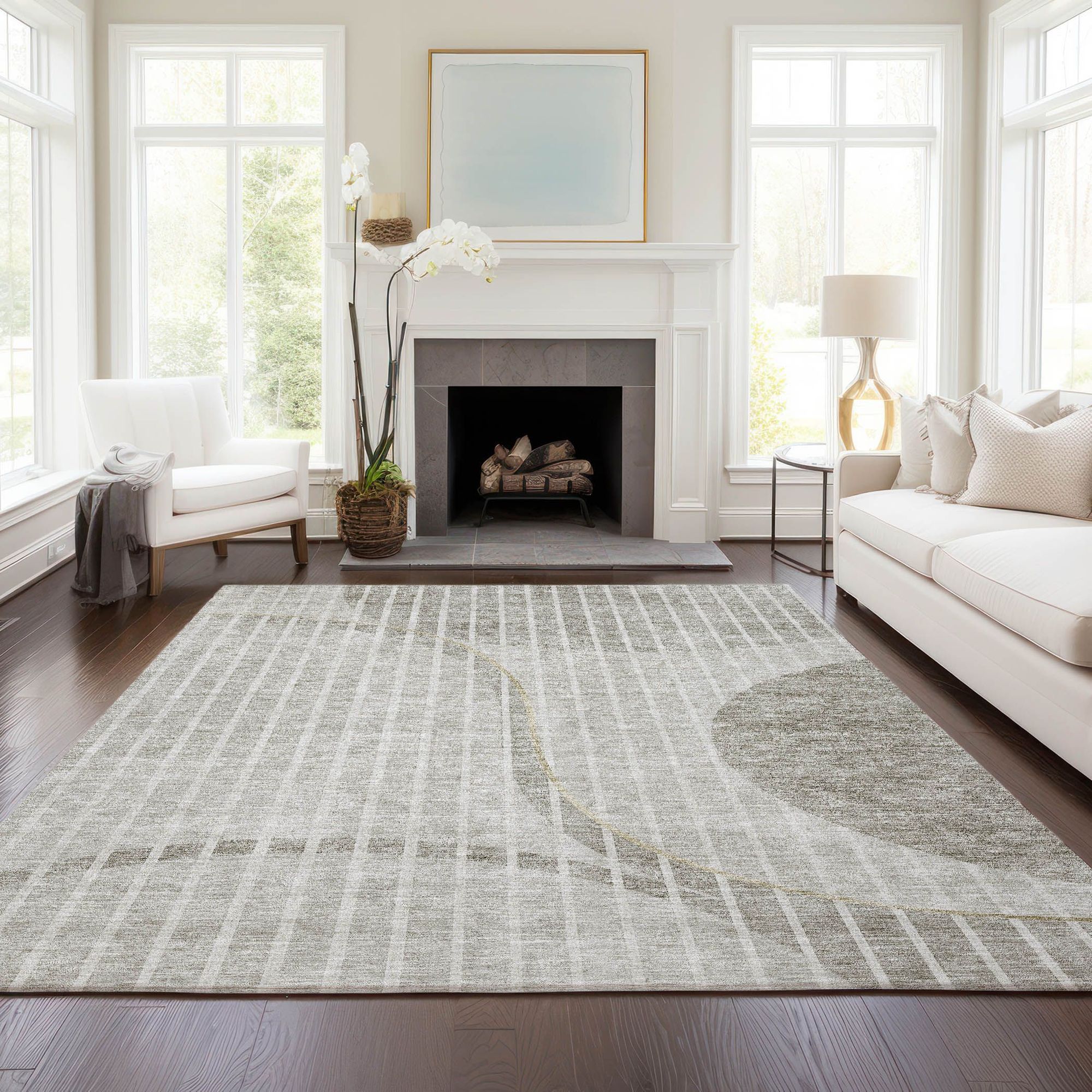 Machine Washable Taupe Brown Rug - Indoor / Outdoor - Kids / Pet Friendly Striped Print Rug