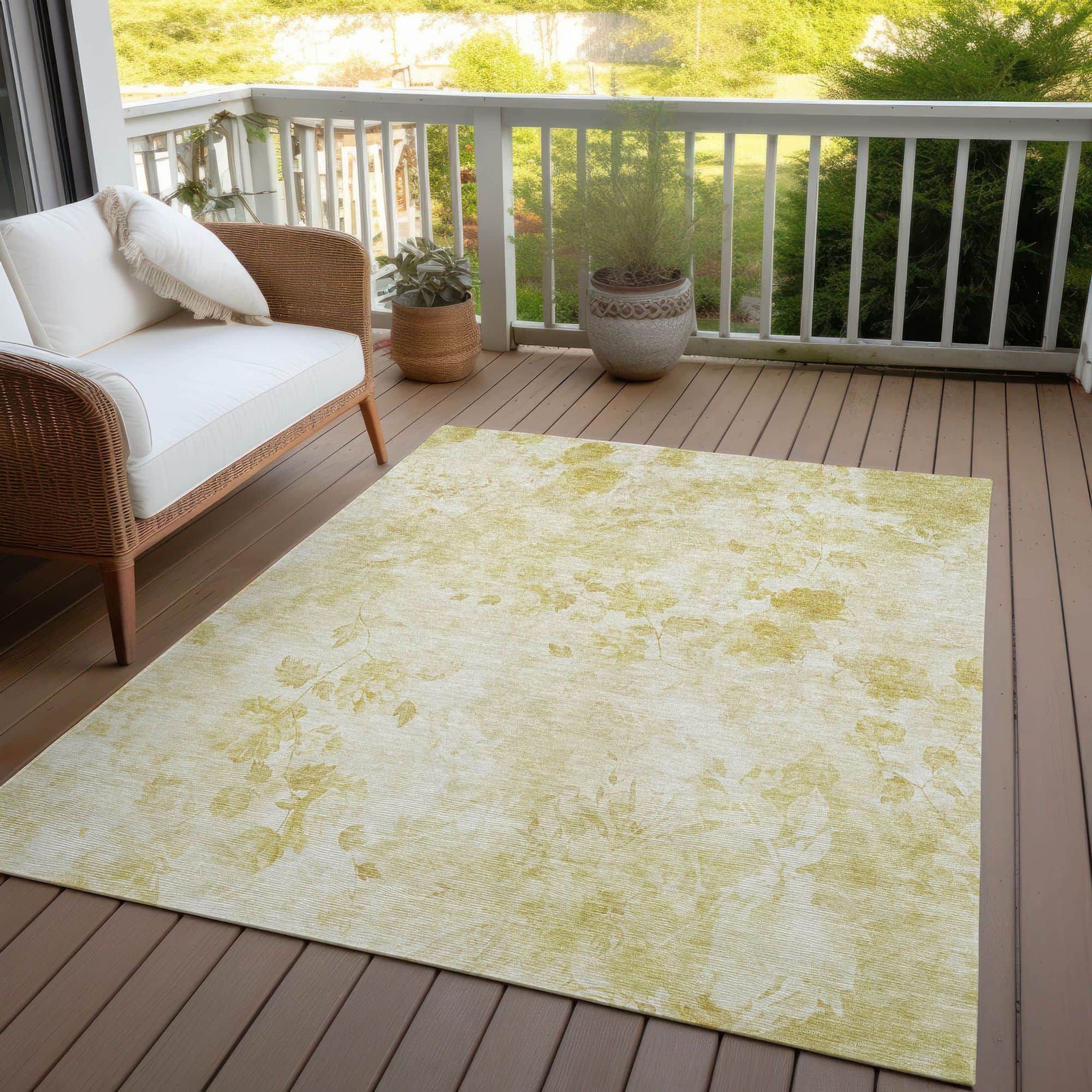 Machine Washable Gold Rug - Indoor / Outdoor - Kids / Pet Friendly Floral Print Rug