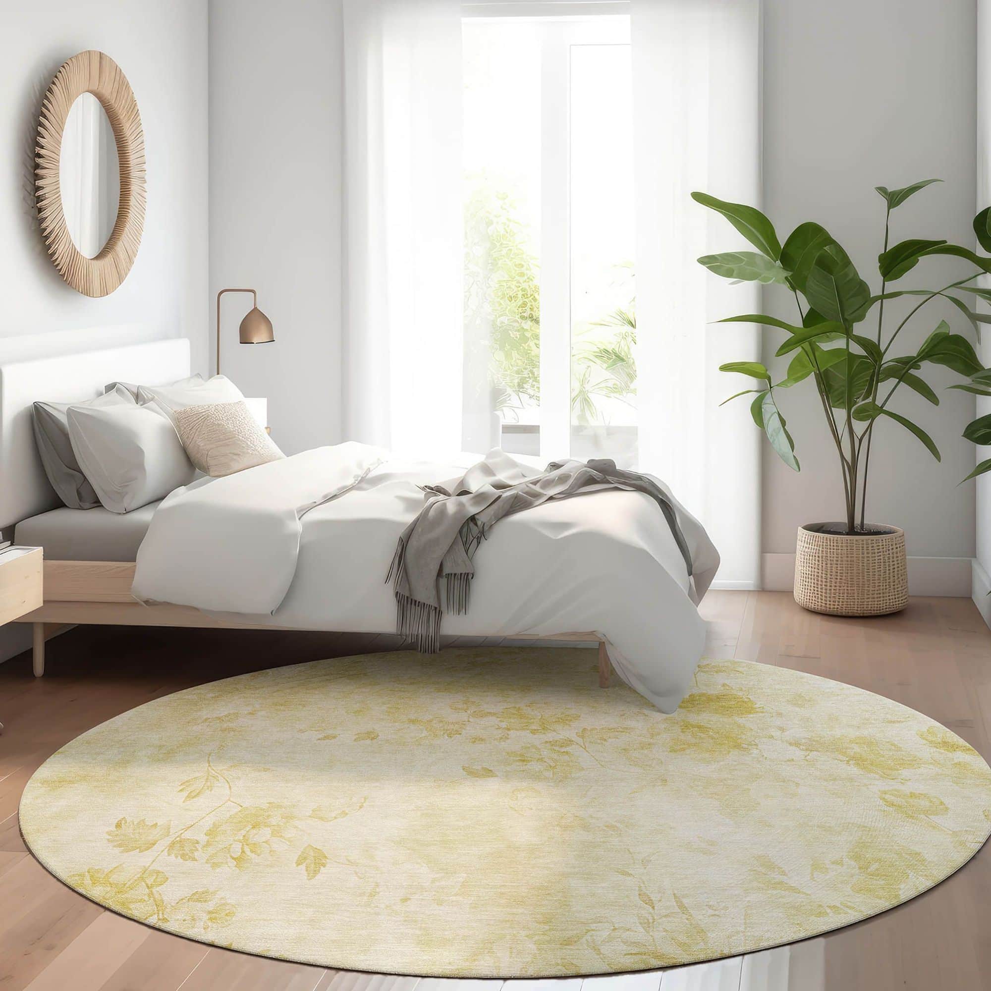 Machine Washable Gold Rug - Indoor / Outdoor - Kids / Pet Friendly Floral Print Rug