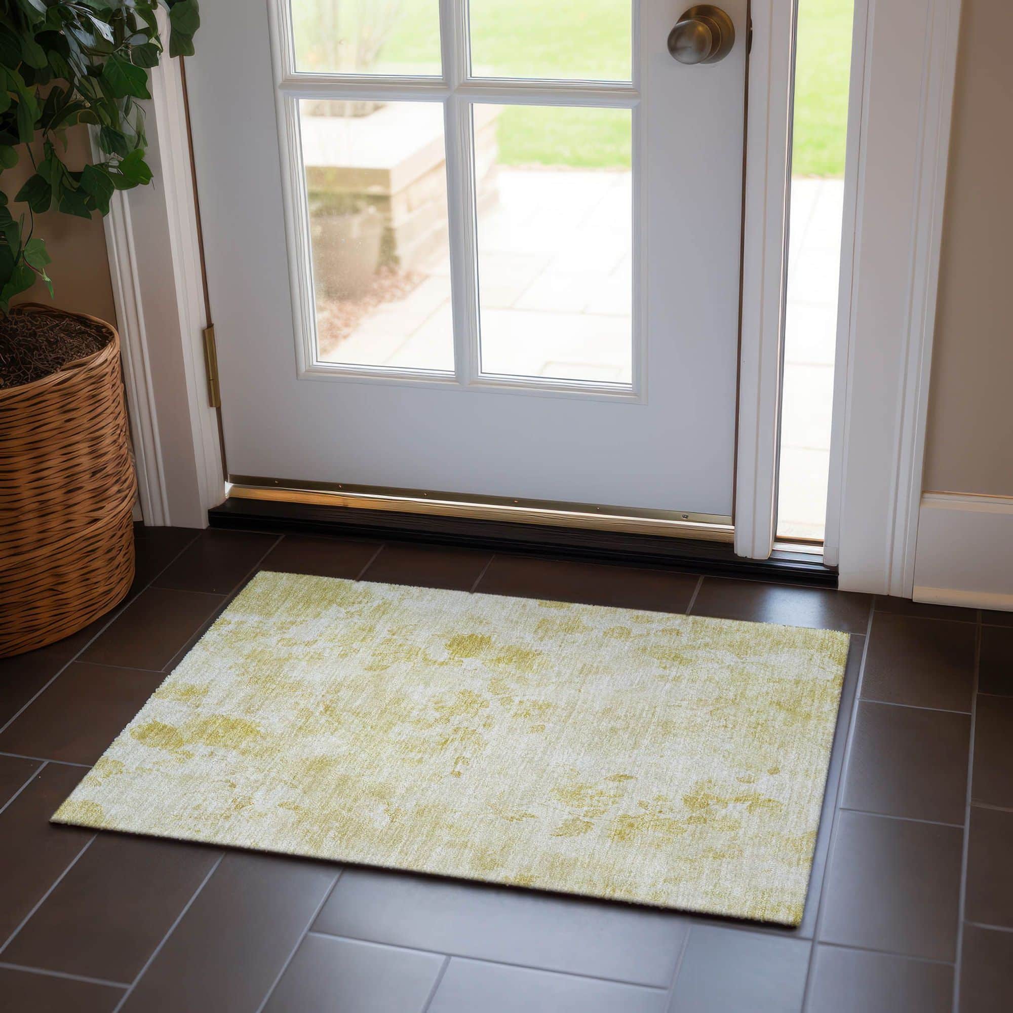 Machine Washable Gold Rug - Indoor / Outdoor - Kids / Pet Friendly Floral Print Rug
