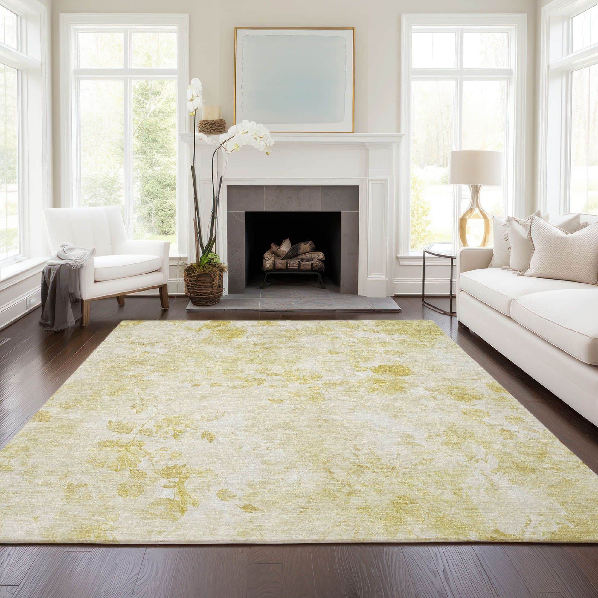 Machine Washable Gold Rug - Indoor / Outdoor - Kids / Pet Friendly Floral Print Rug