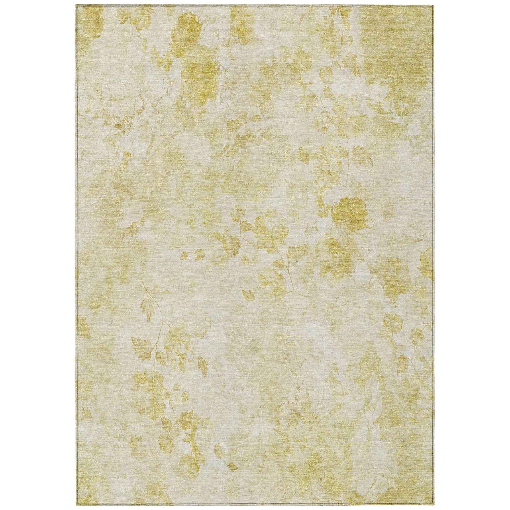 Machine Washable Gold Rug - Indoor / Outdoor - Kids / Pet Friendly Floral Print Rug