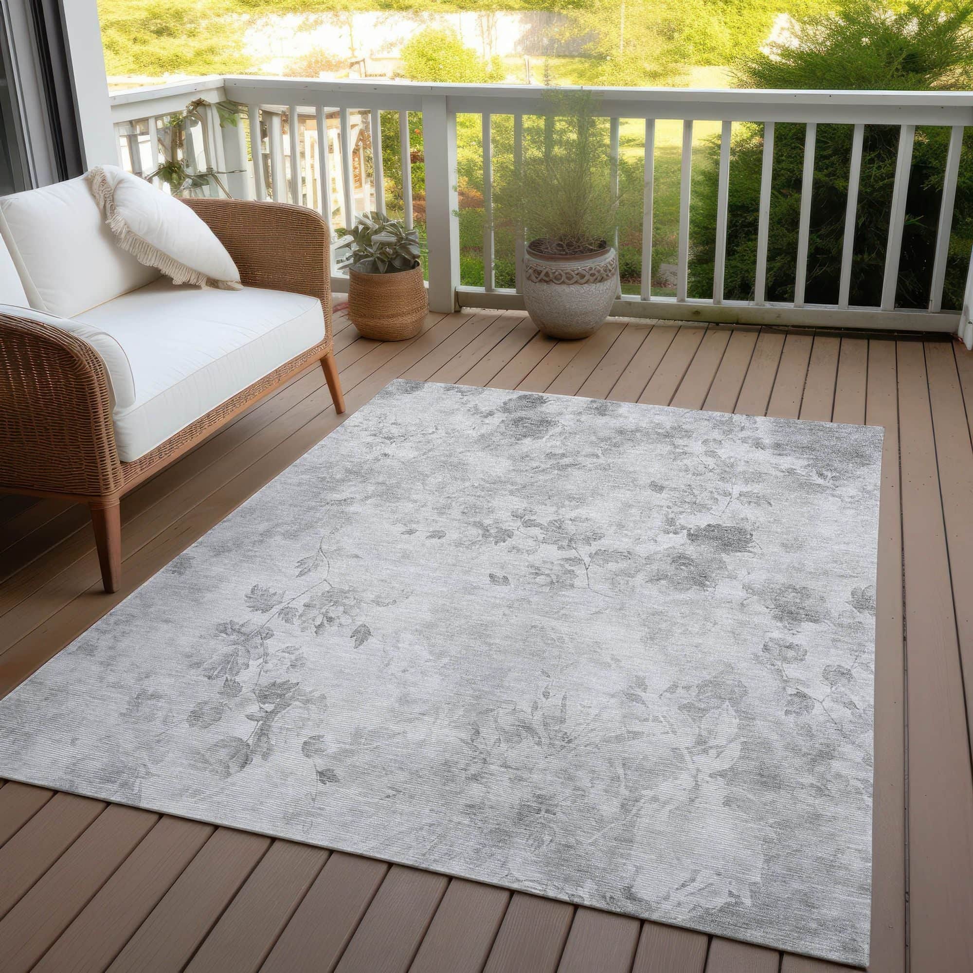 Machine Washable Gray Rug - Indoor / Outdoor - Kids / Pet Friendly Floral Print Rug