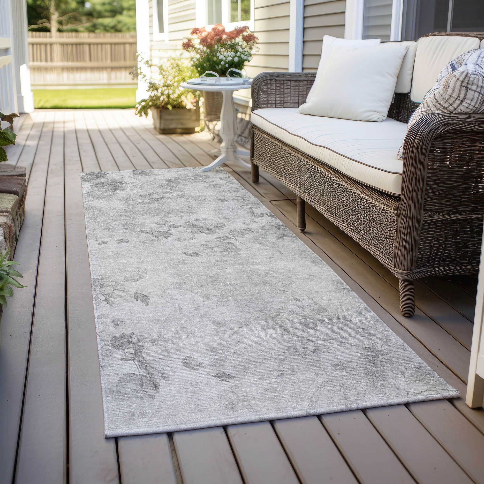 Machine Washable Gray Rug - Indoor / Outdoor - Kids / Pet Friendly Floral Print Rug