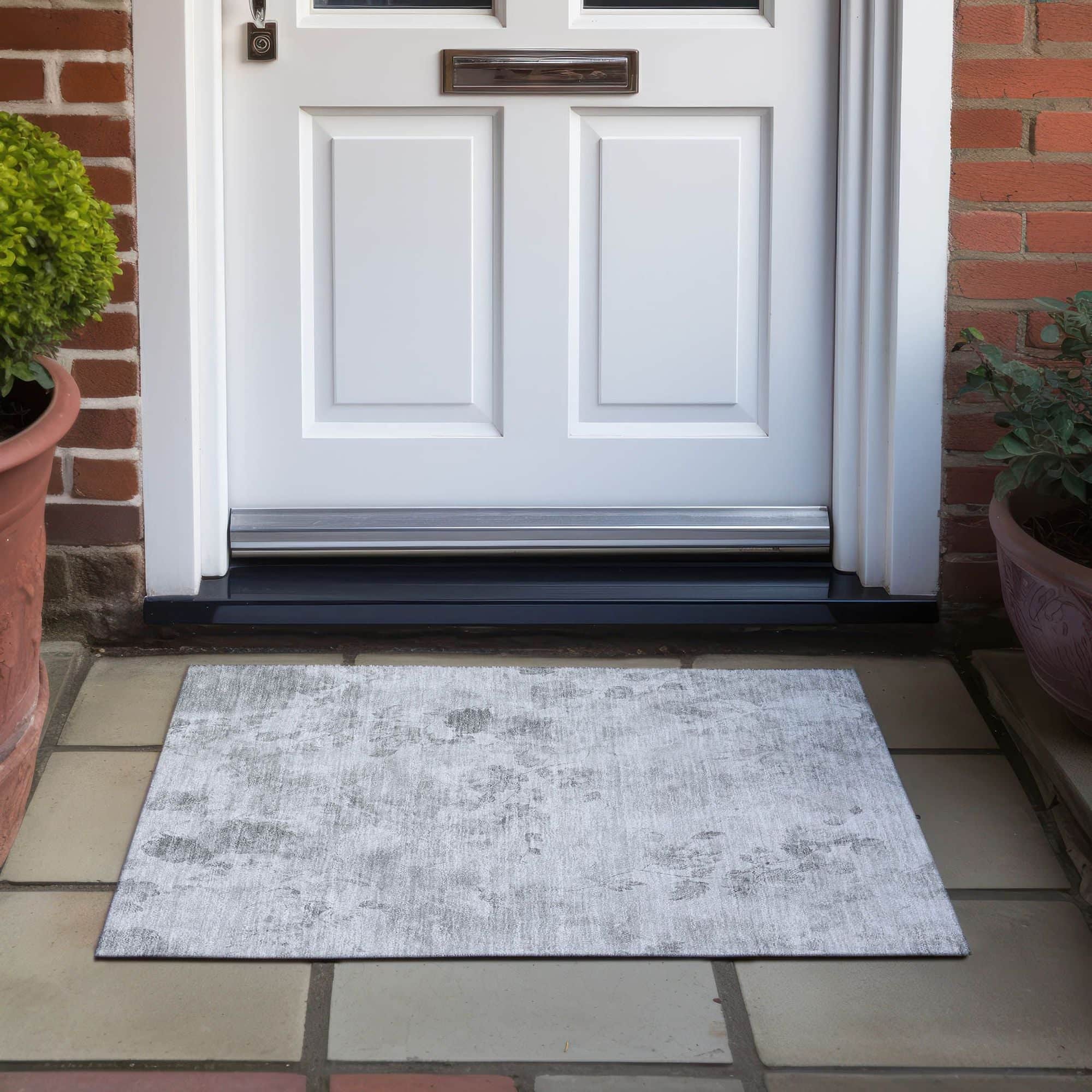 Machine Washable Gray Rug - Indoor / Outdoor - Kids / Pet Friendly Floral Print Rug