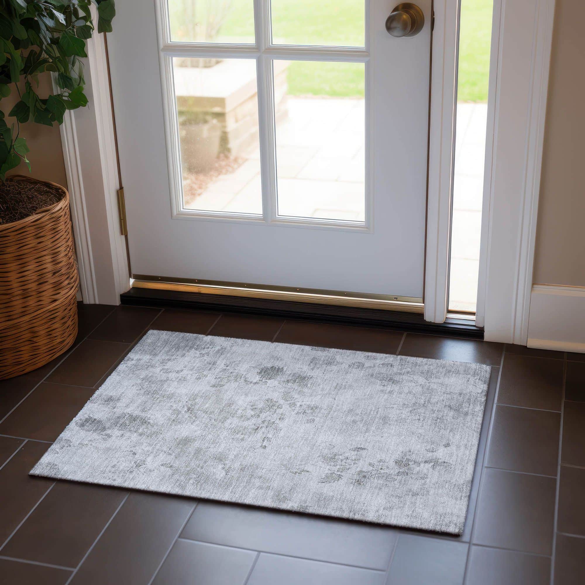 Machine Washable Gray Rug - Indoor / Outdoor - Kids / Pet Friendly Floral Print Rug