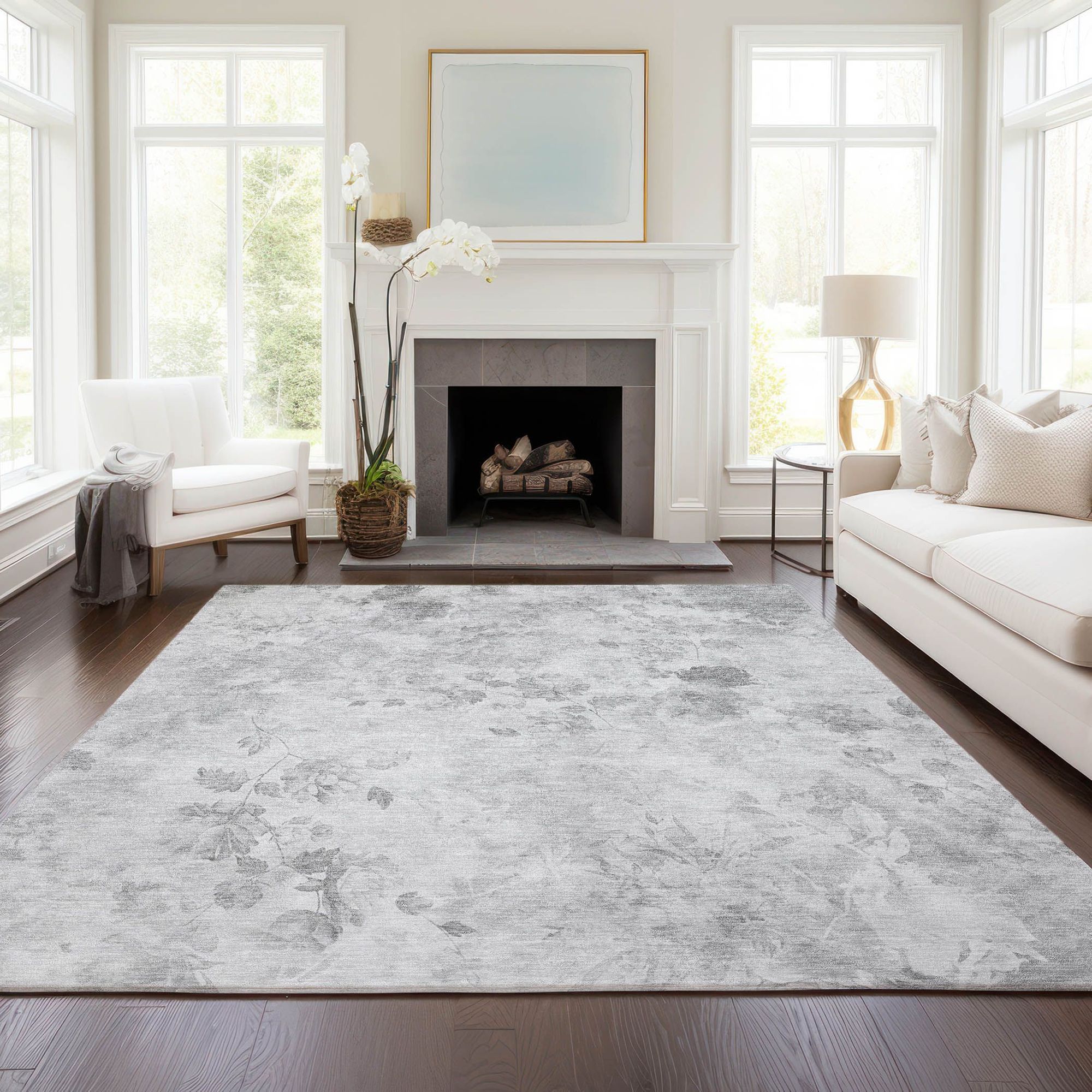 Machine Washable Gray Rug - Indoor / Outdoor - Kids / Pet Friendly Floral Print Rug