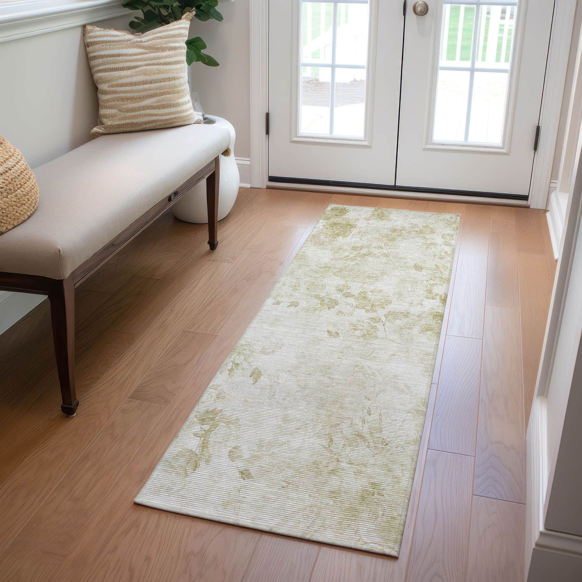 Machine Washable Khaki Brown Rug - Indoor / Outdoor - Kids / Pet Friendly Floral Print Rug