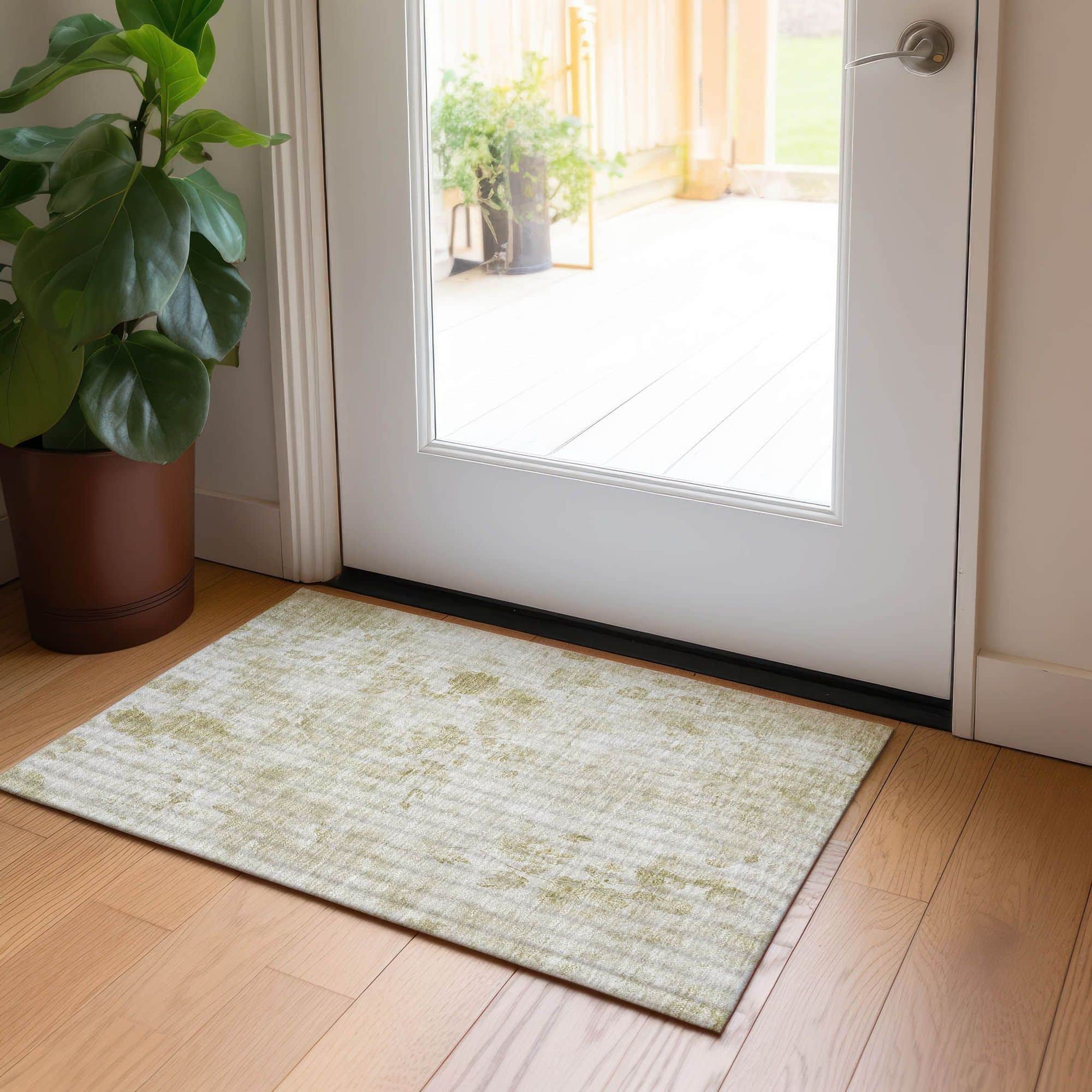 Machine Washable Khaki Brown Rug - Indoor / Outdoor - Kids / Pet Friendly Floral Print Rug