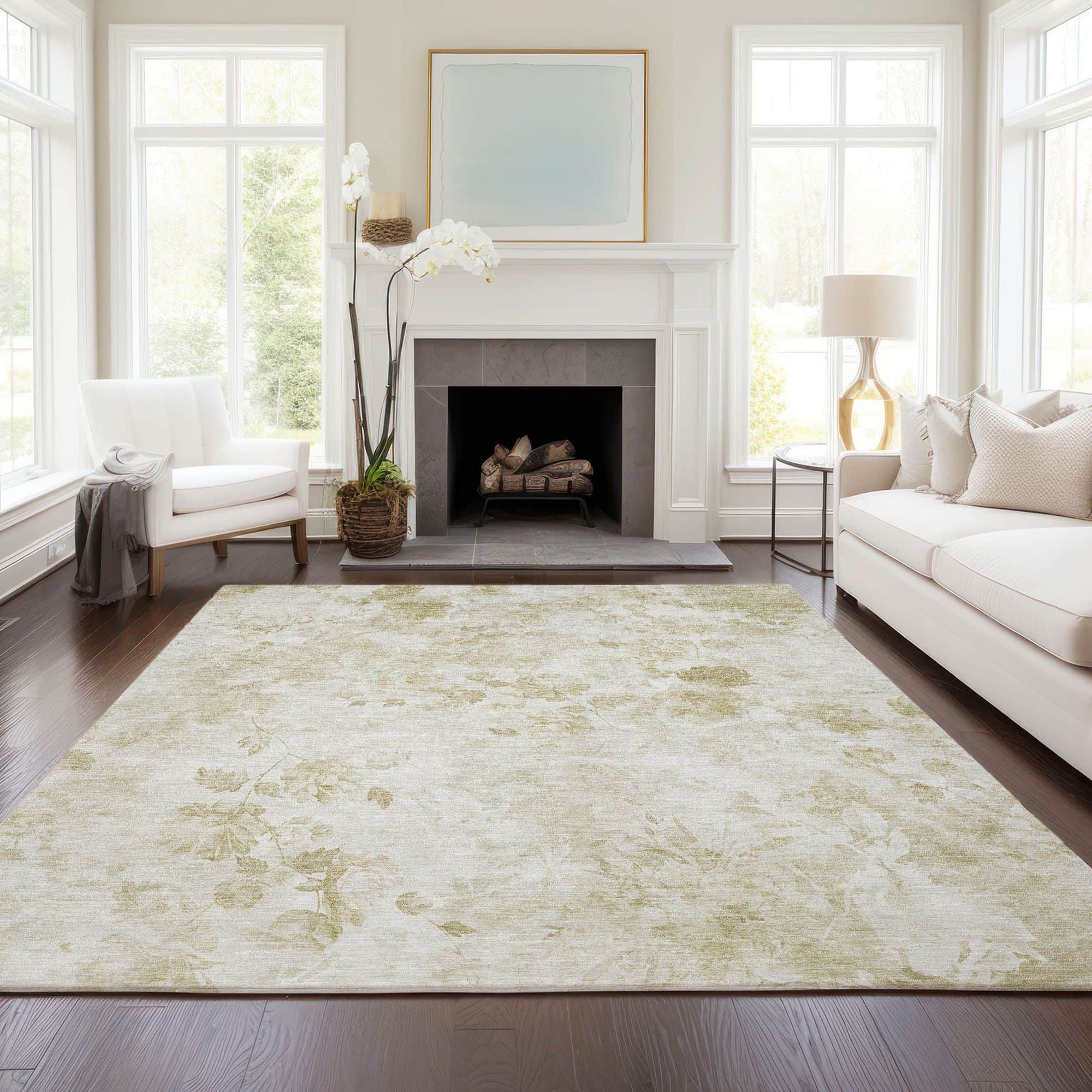 Machine Washable Khaki Brown Rug - Indoor / Outdoor - Kids / Pet Friendly Floral Print Rug