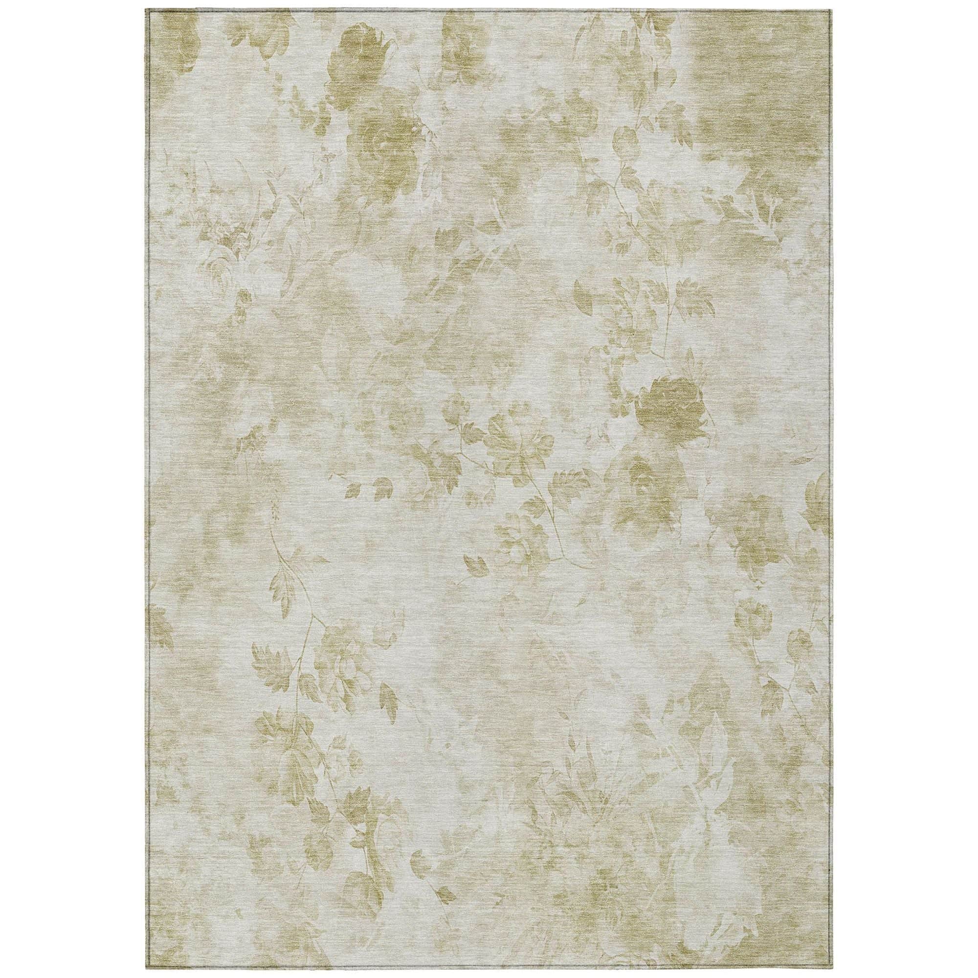 Machine Washable Khaki Brown Rug - Indoor / Outdoor - Kids / Pet Friendly Floral Print Rug