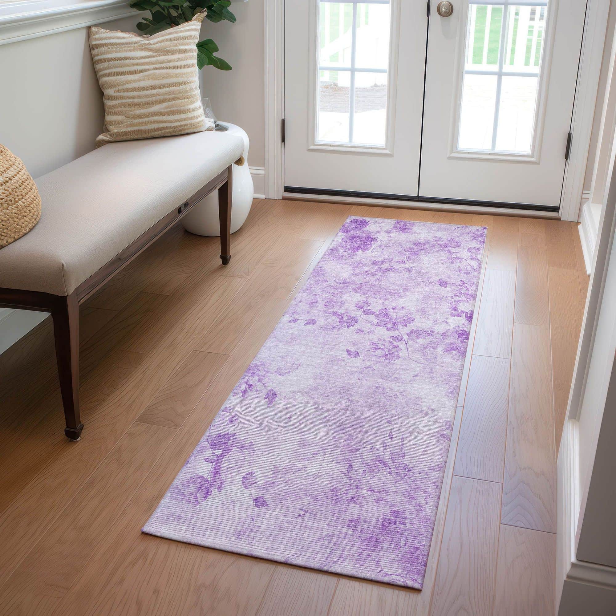 Machine Washable Lavender Purple Rug - Indoor / Outdoor - Kids / Pet Friendly Floral Print Rug