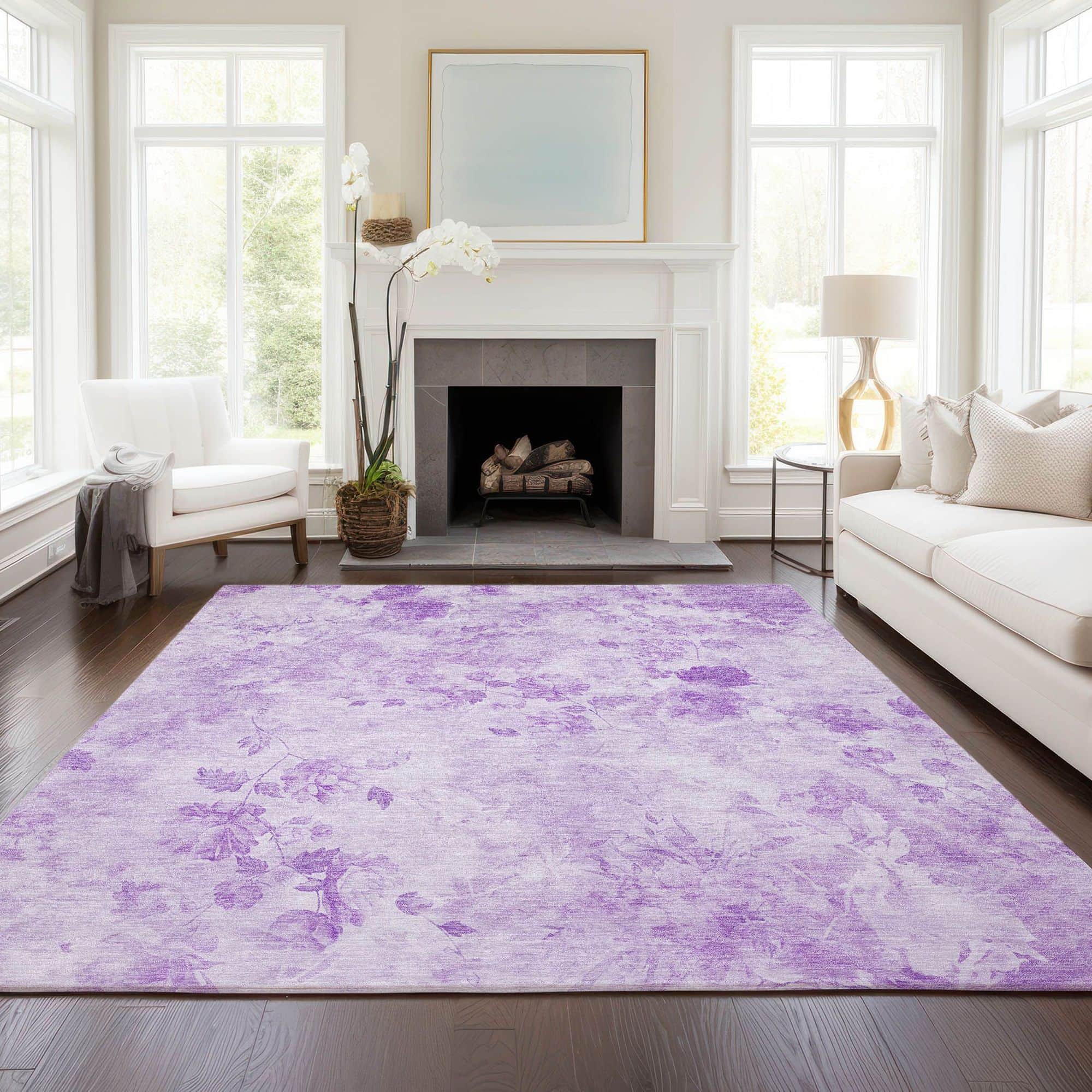 Machine Washable Lavender Purple Rug - Indoor / Outdoor - Kids / Pet Friendly Floral Print Rug