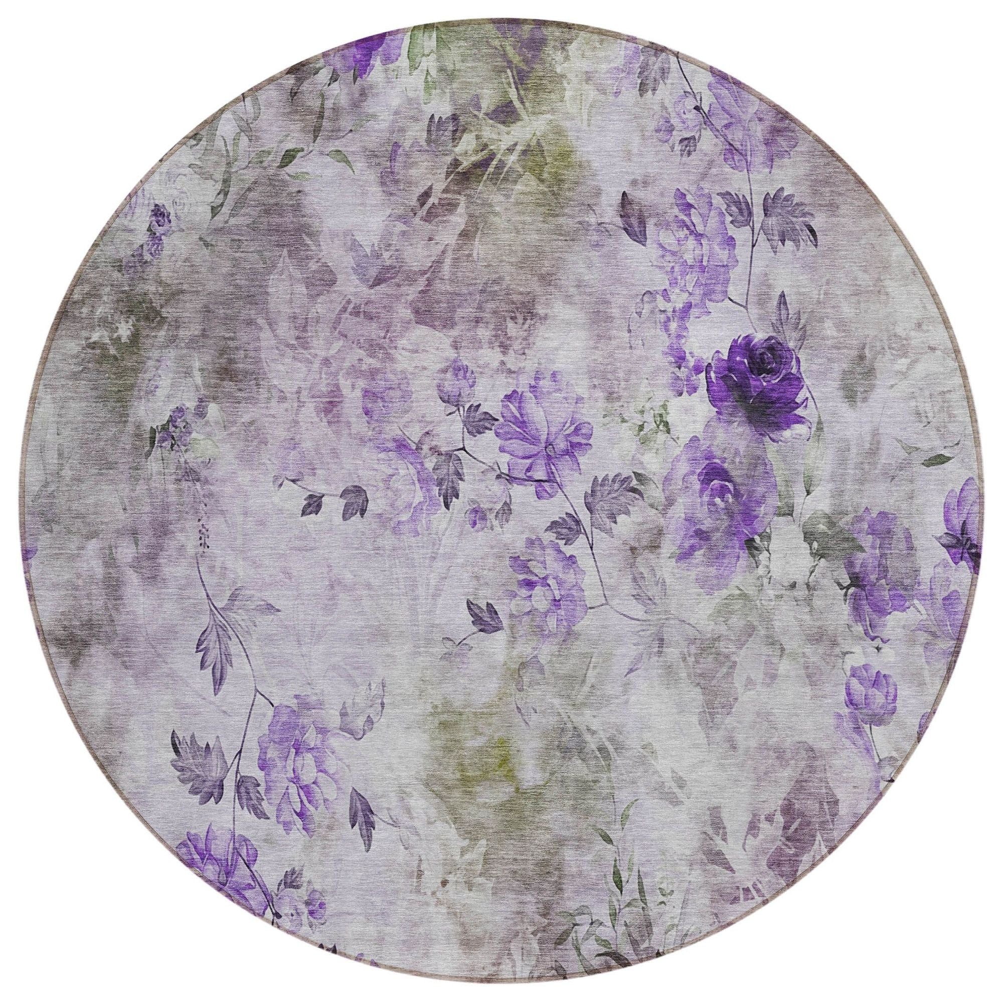 Machine Washable Purple Rug - Indoor / Outdoor - Kids / Pet Friendly Floral Print Rug