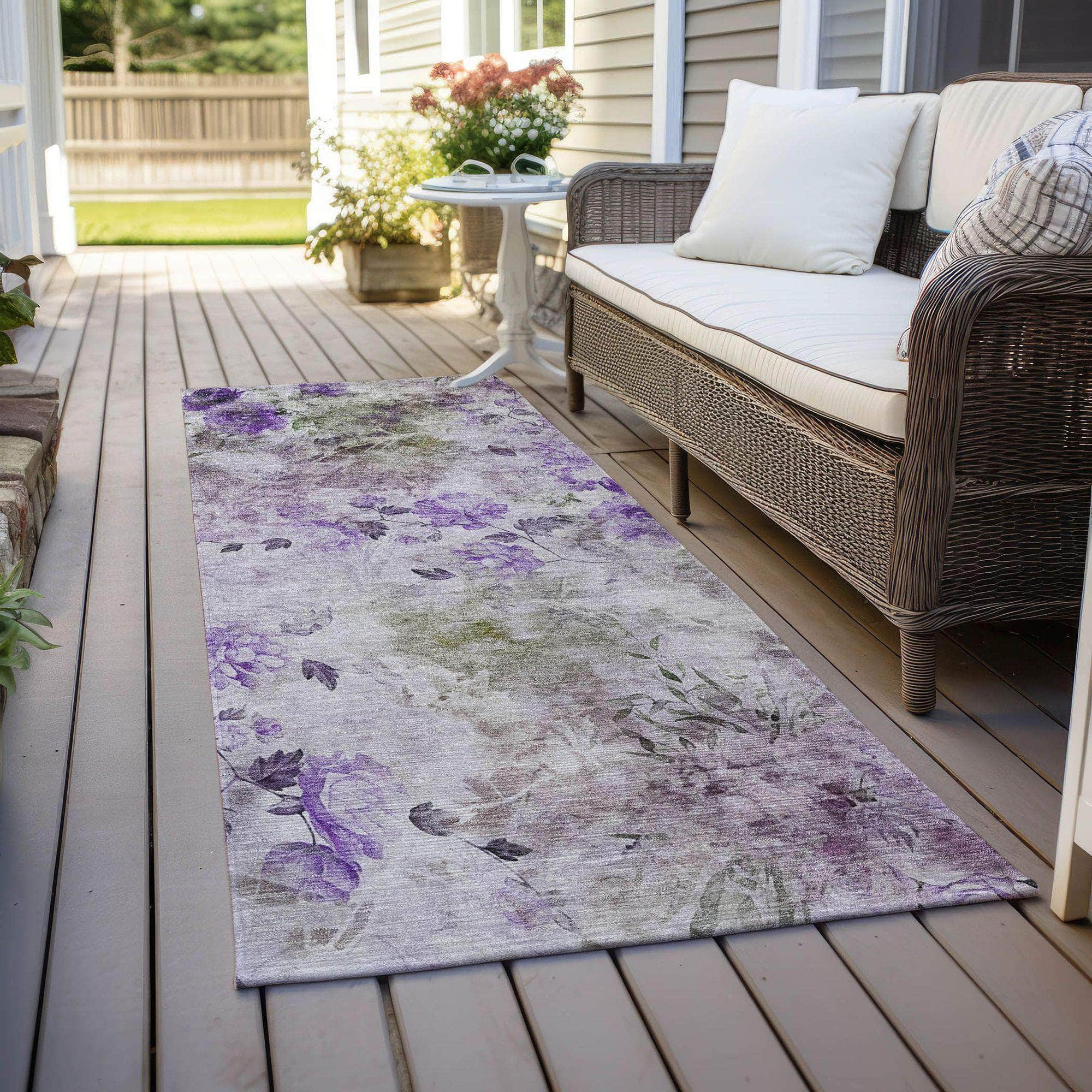 Machine Washable Purple Rug - Indoor / Outdoor - Kids / Pet Friendly Floral Print Rug