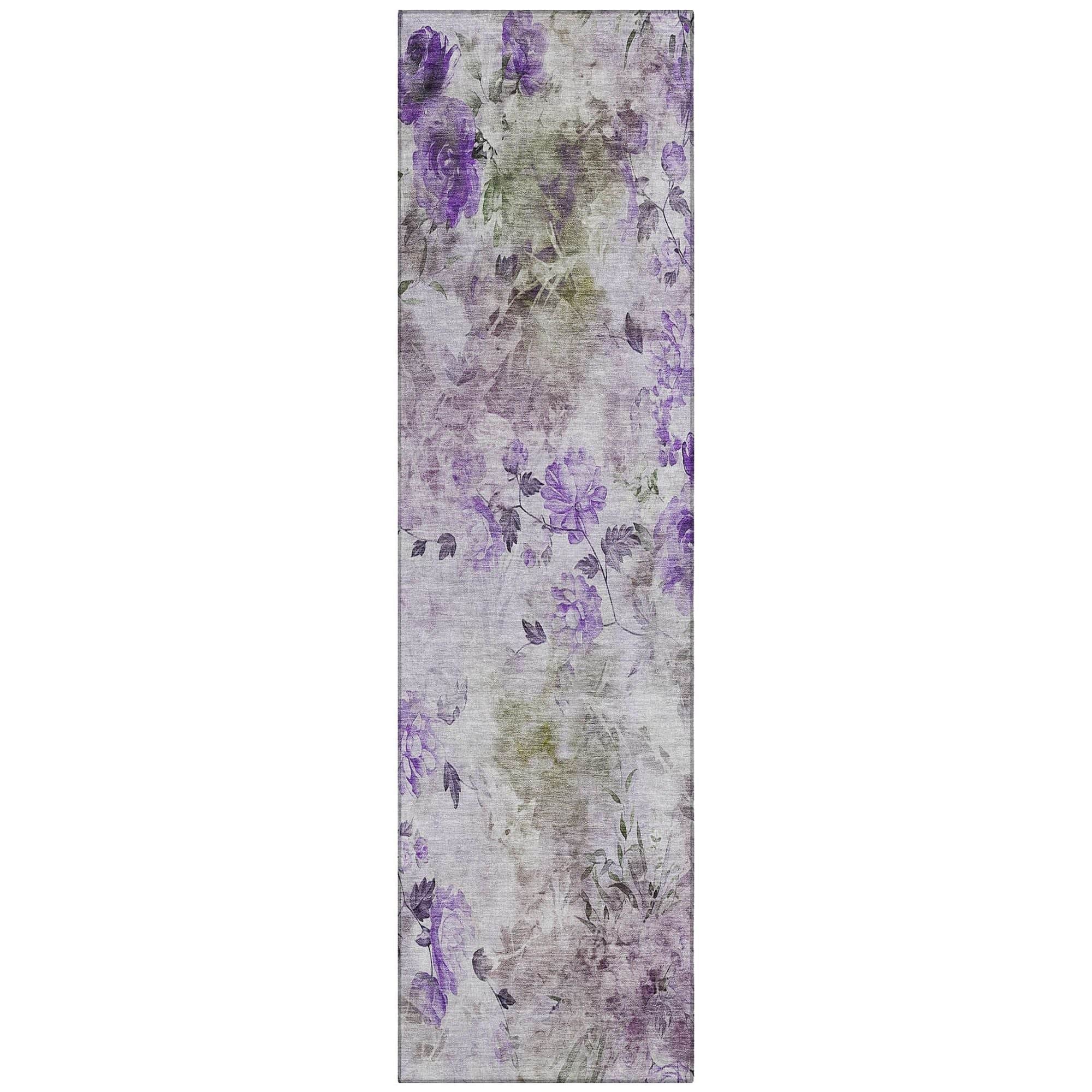 Machine Washable Purple Rug - Indoor / Outdoor - Kids / Pet Friendly Floral Print Rug