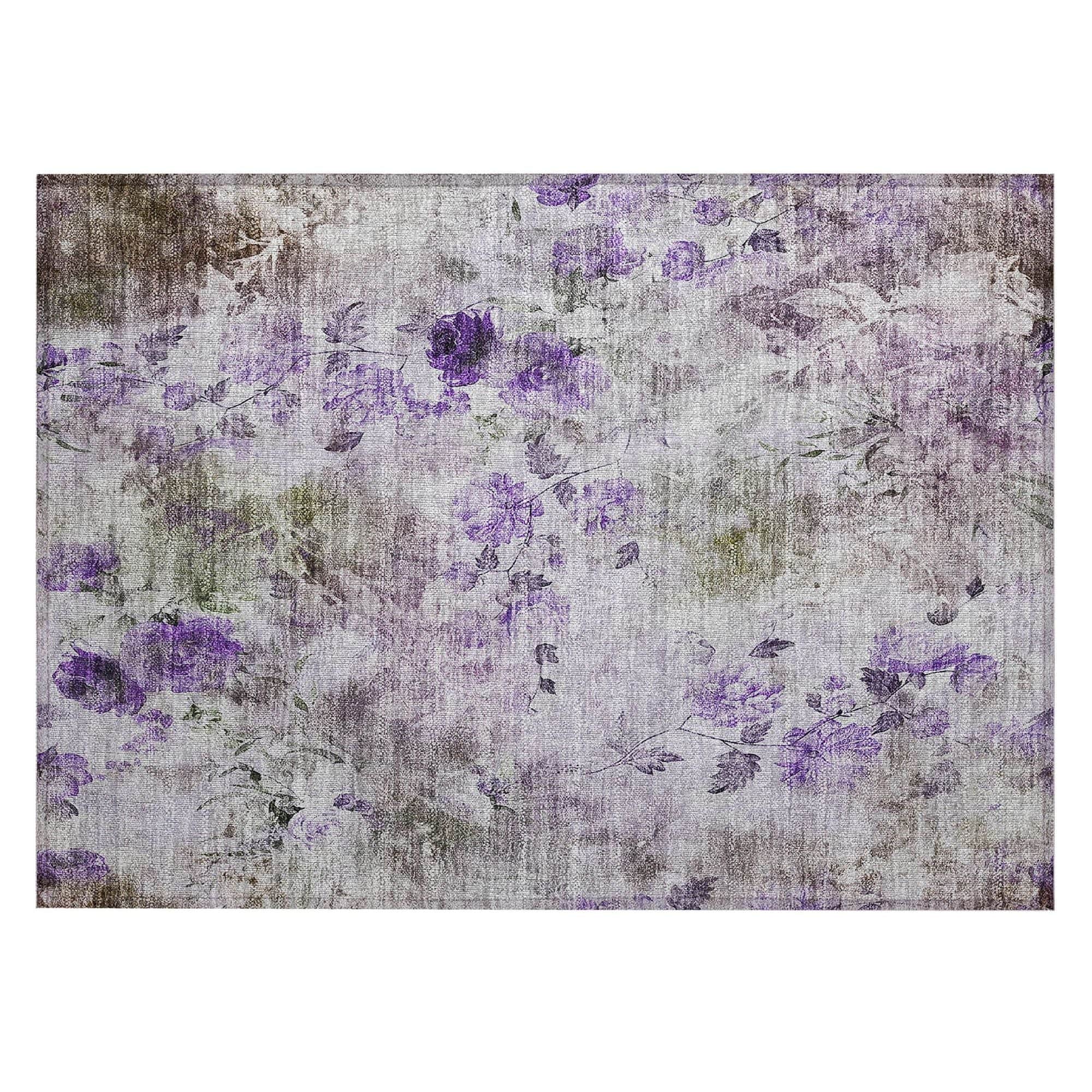 Machine Washable Purple Rug - Indoor / Outdoor - Kids / Pet Friendly Floral Print Rug