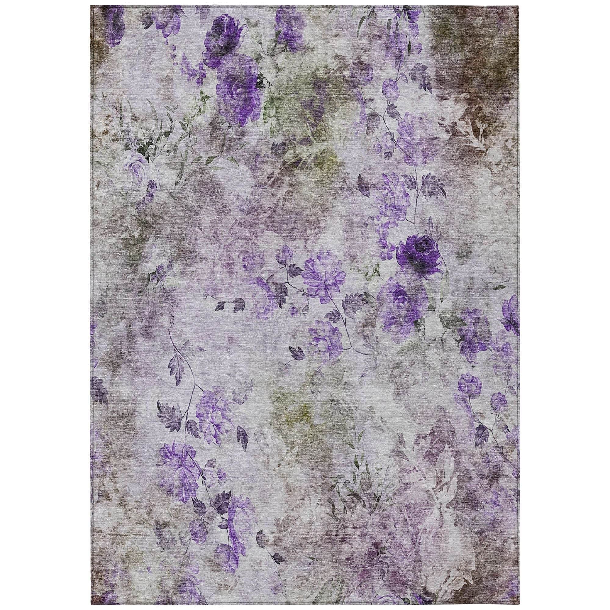 Machine Washable Purple Rug - Indoor / Outdoor - Kids / Pet Friendly Floral Print Rug