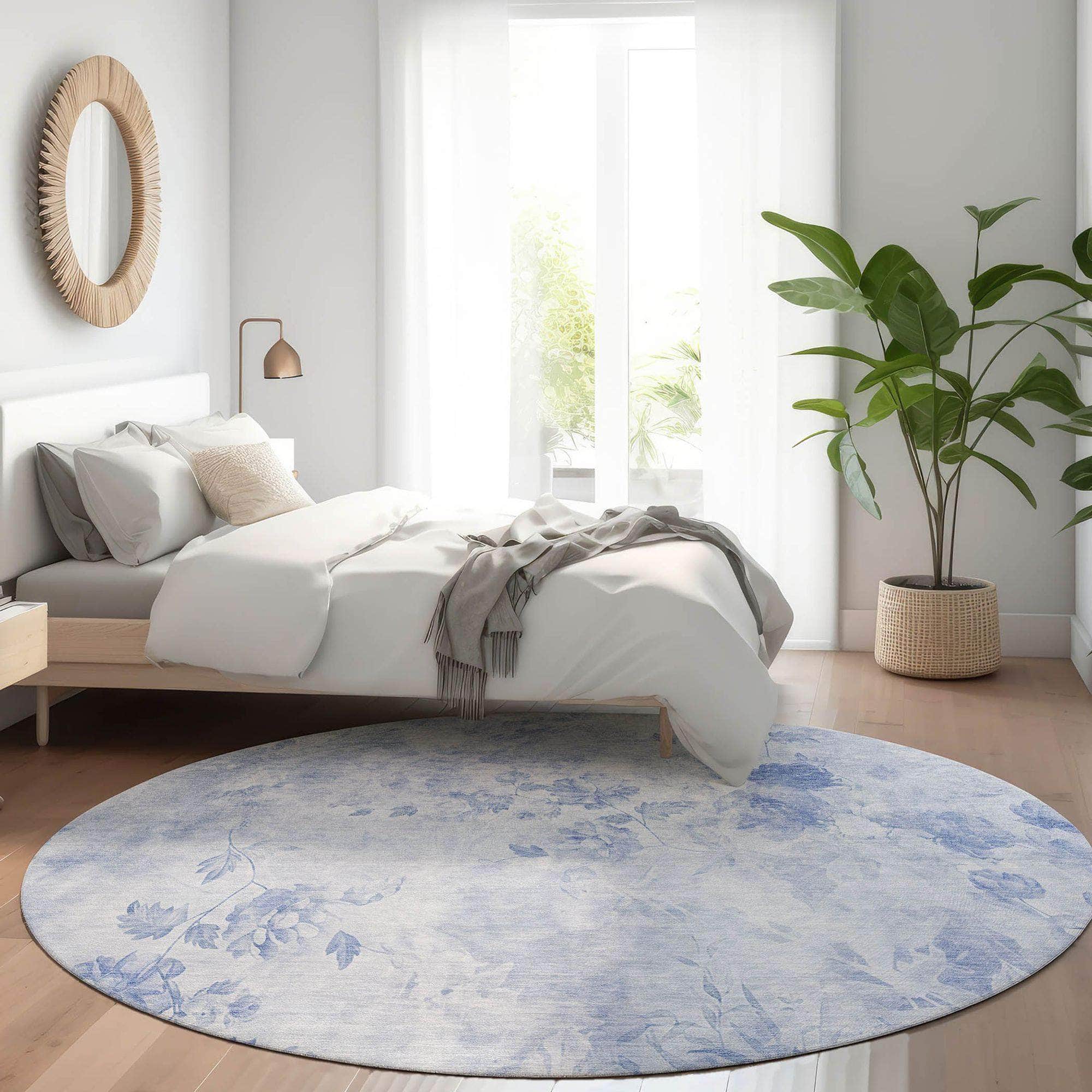 Machine Washable Sky Blue Rug - Indoor / Outdoor - Kids / Pet Friendly Floral Print Rug