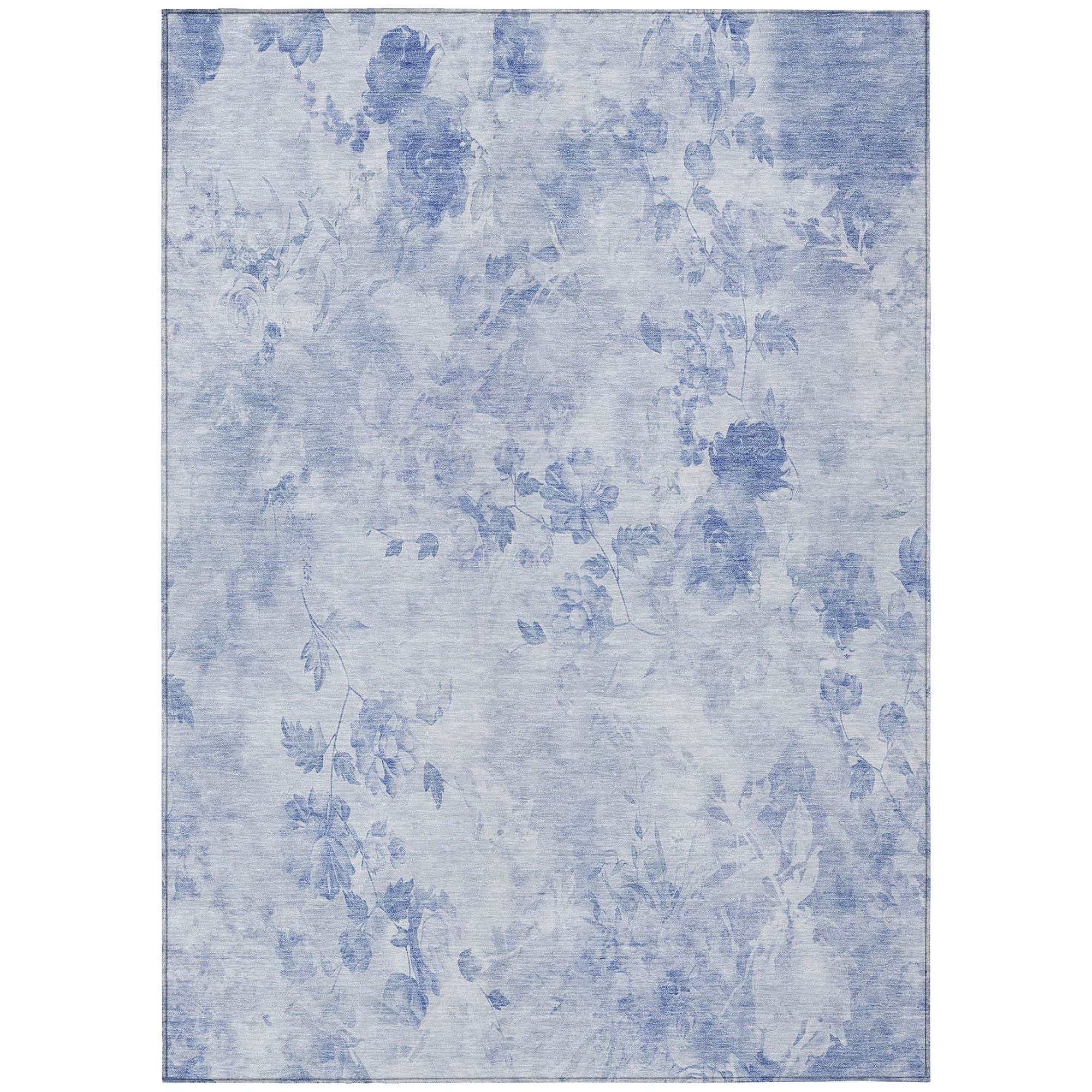 Machine Washable Sky Blue Rug - Indoor / Outdoor - Kids / Pet Friendly Floral Print Rug