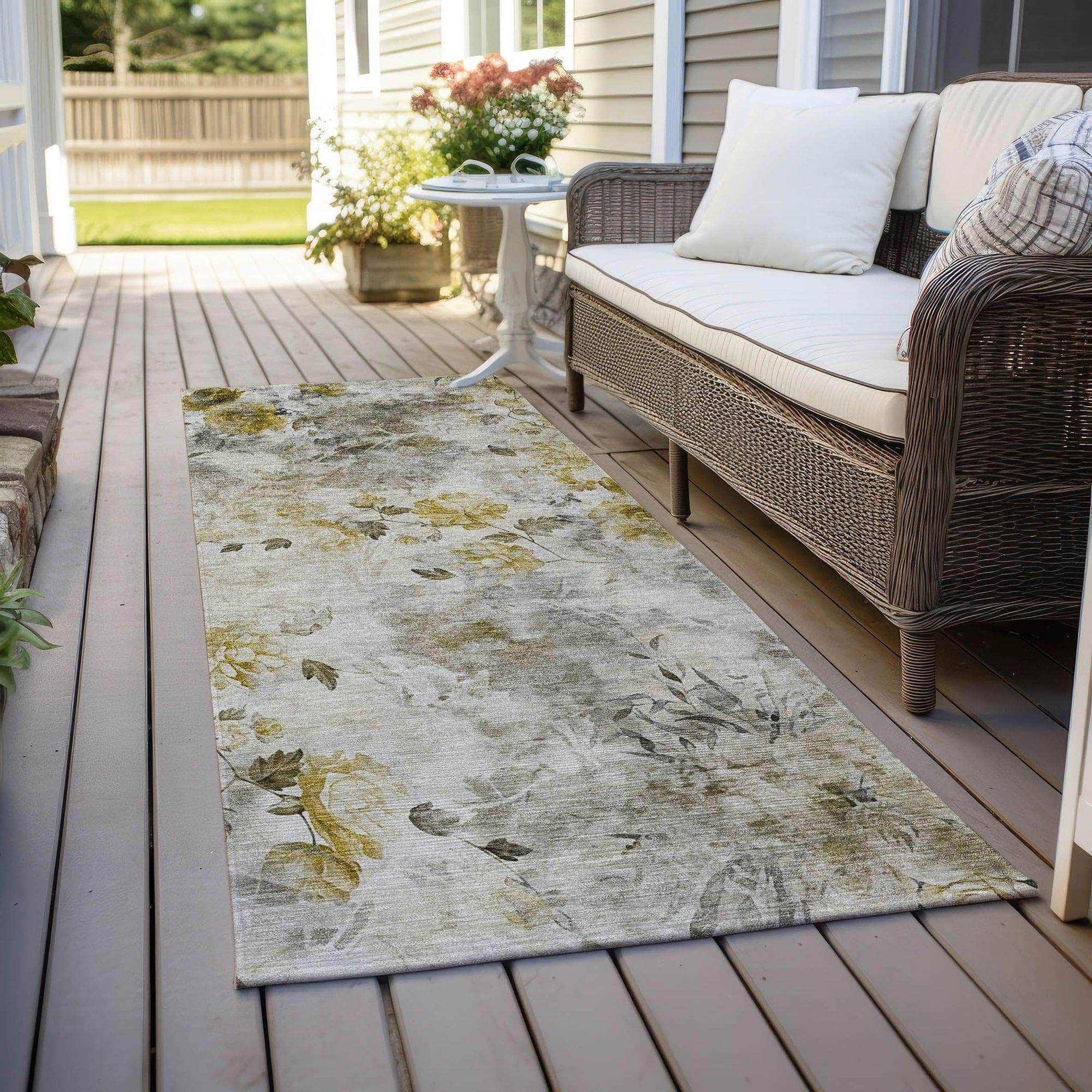 Machine Washable Taupe Brown Rug - Indoor / Outdoor - Kids / Pet Friendly Floral Print Rug
