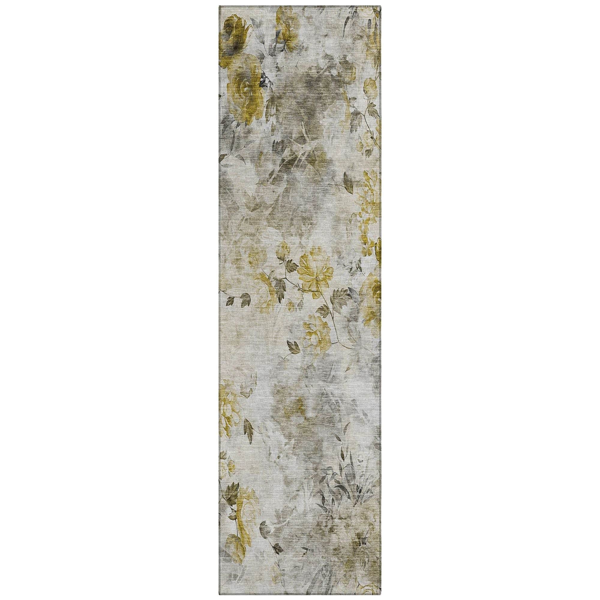 Machine Washable Taupe Brown Rug - Indoor / Outdoor - Kids / Pet Friendly Floral Print Rug